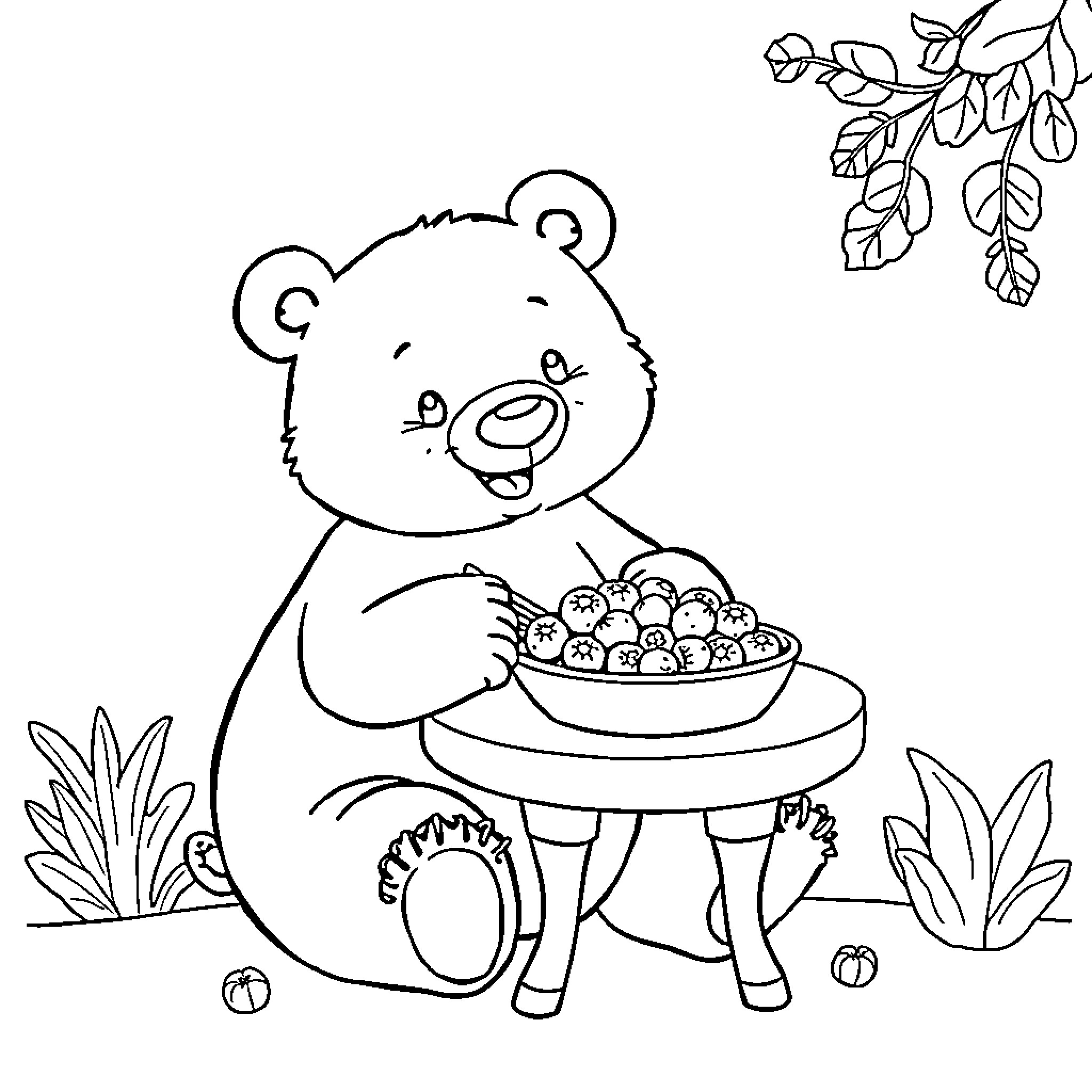 Bear enjoying a bowl of berries in the outdoors Coloring Page (free black-and-white line drawing printable PDF for all, from beginners to advanced learners, including children, teens, adults, and seniors)