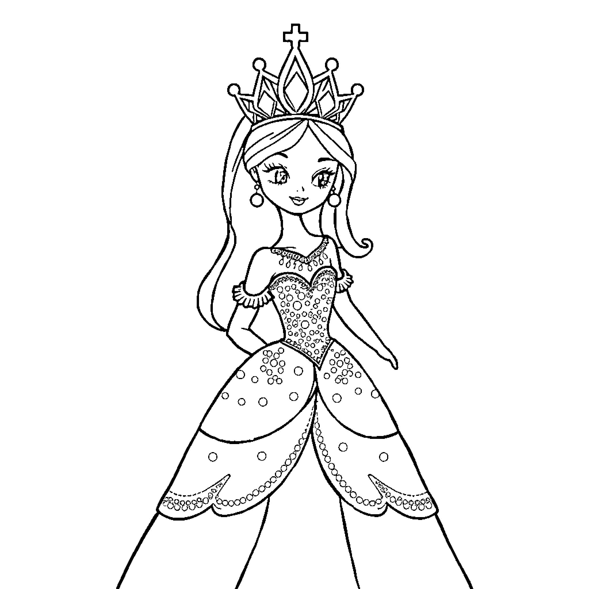 Princess in Elegant Attire and Crown Coloring Page (free black-and-white line drawing printable PDF for all, from beginners to advanced learners, including children, teens, adults, and seniors)