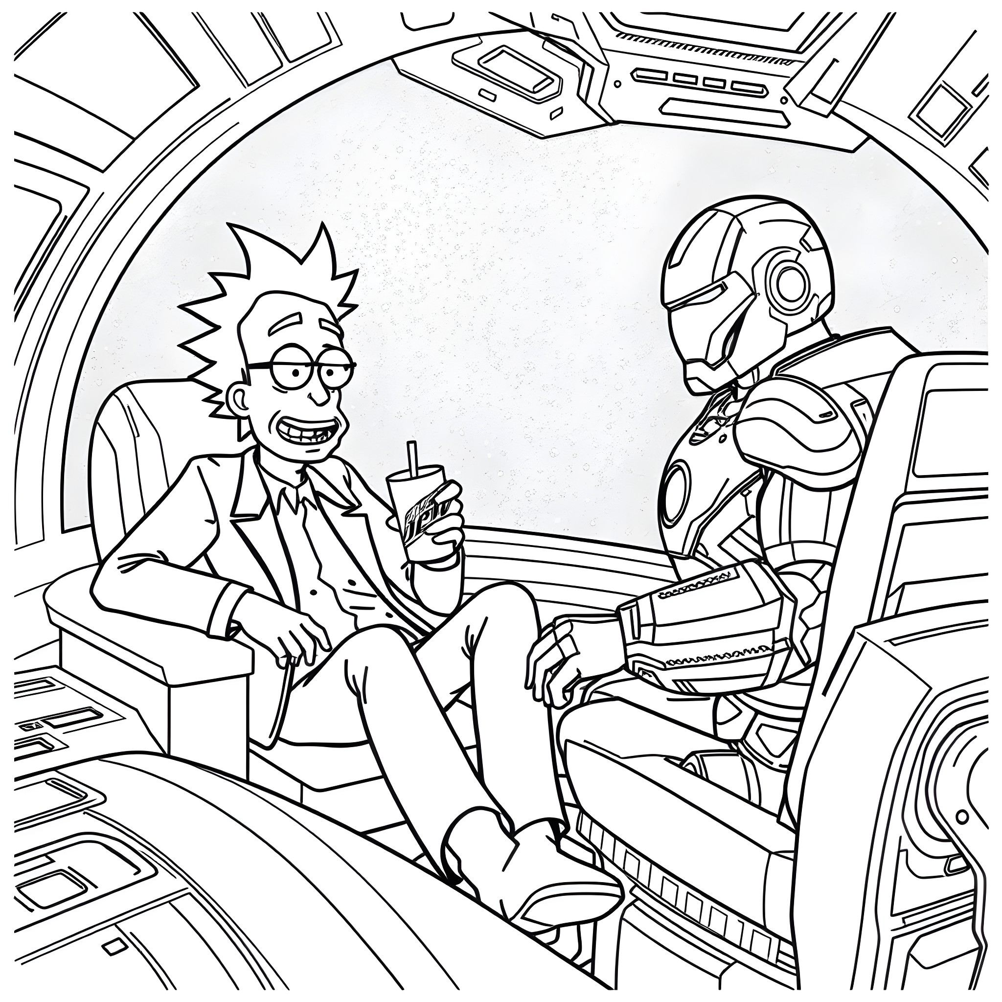 Rick Sanchez relaxing with his robot companion Coloring Page (free black-and-white line drawing printable PDF for all, from beginners to advanced learners, including children, teens, adults, and seniors)