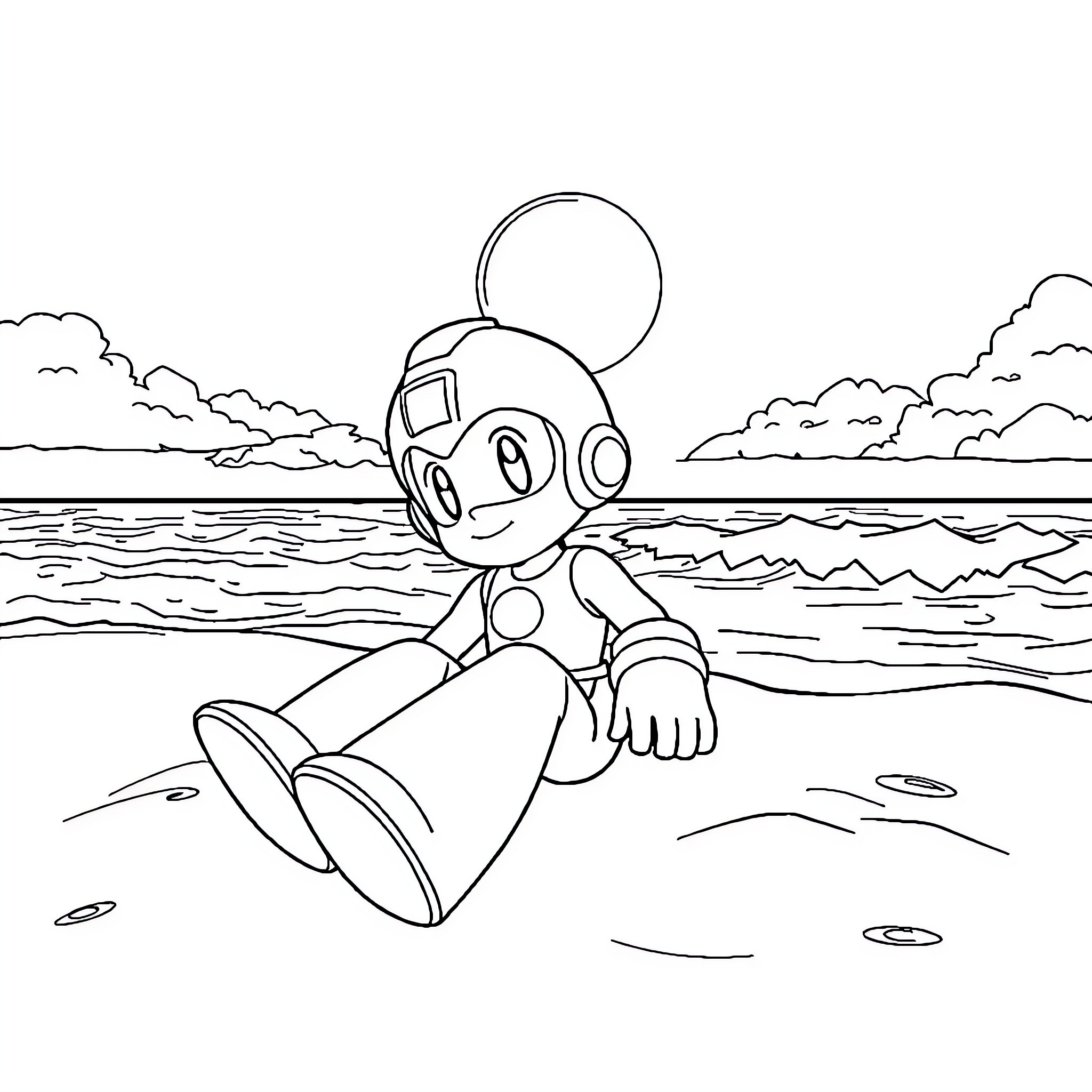 Megaman relaxing by the beach Coloring Page (free black-and-white line drawing printable PDF for all, from beginners to advanced learners, including children, teens, adults, and seniors)
