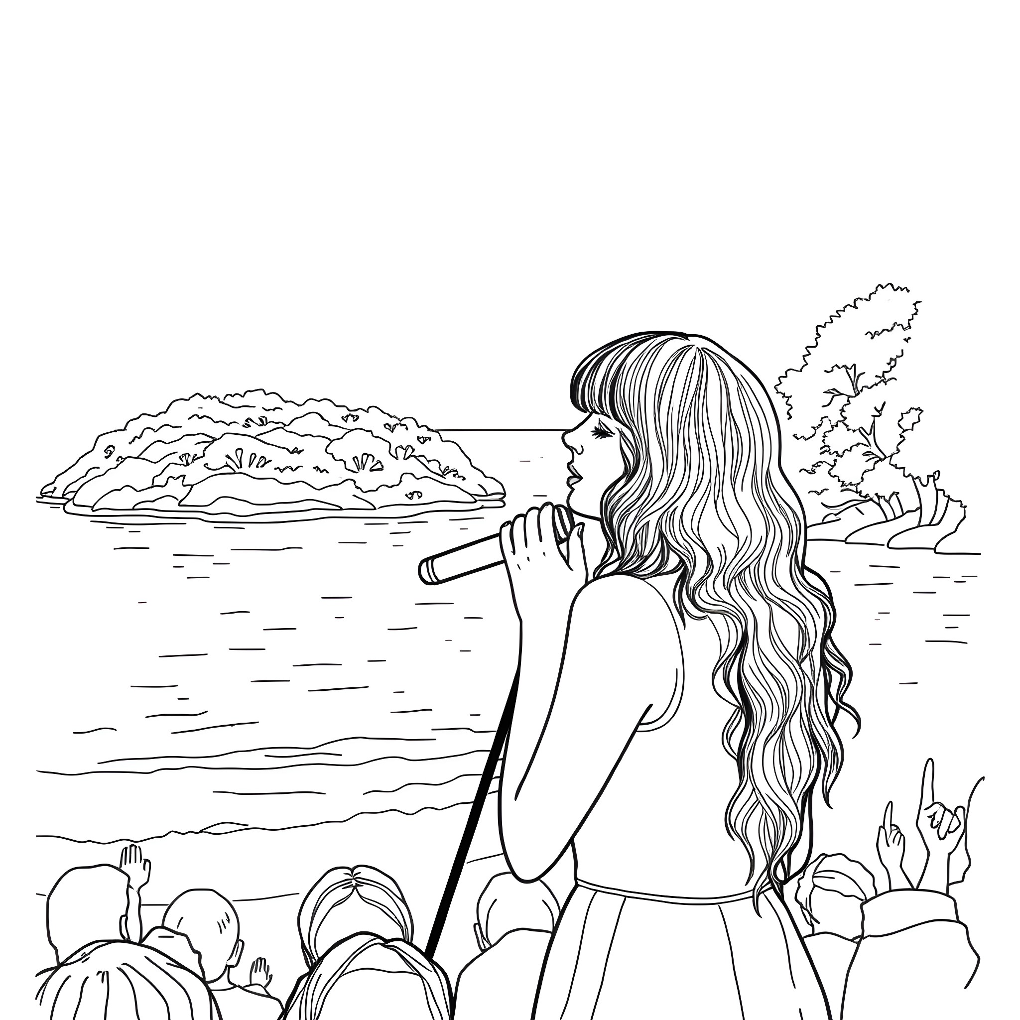 Taylor Swift performing on stage with a scenic backdrop Coloring Page (free black-and-white line drawing printable PDF for all, from beginners to advanced learners, including children, teens, adults, and seniors)