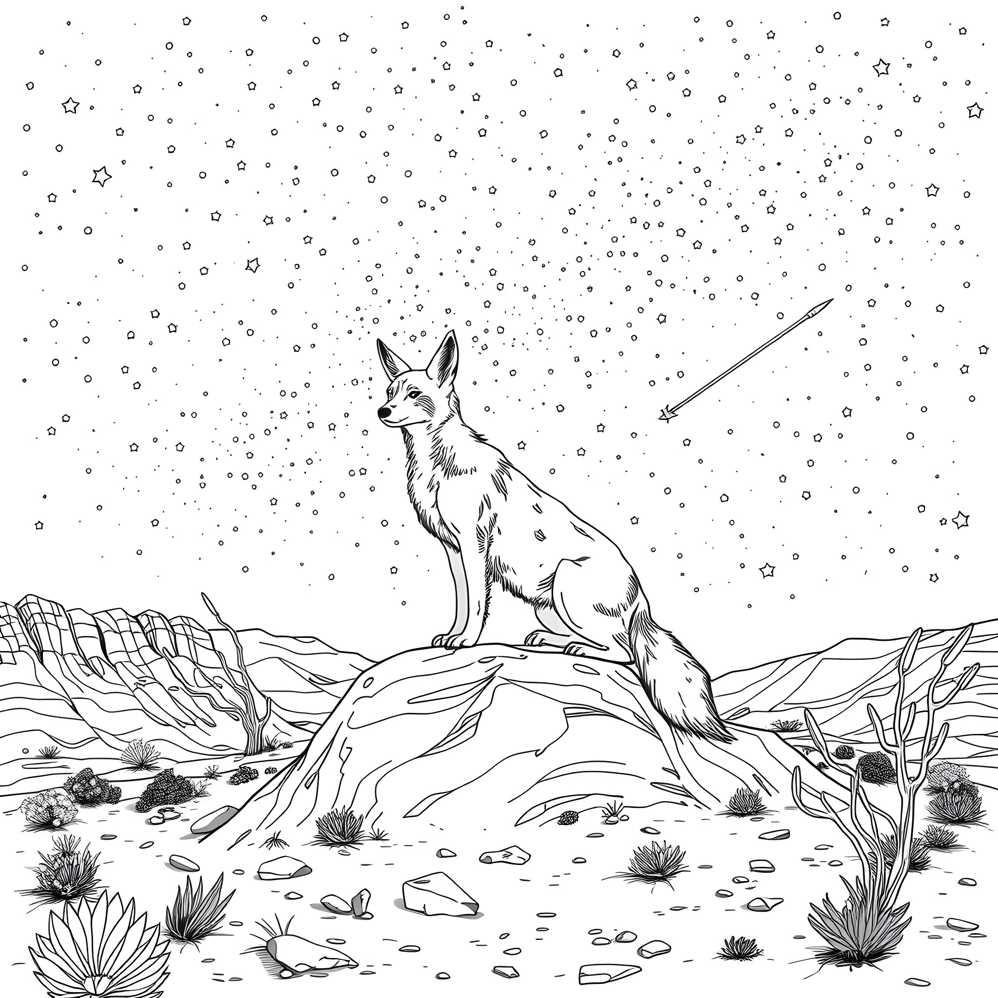 Coyote howling under the starry night sky Coloring Page (free black-and-white line drawing printable PDF for all, from beginners to advanced learners, including children, teens, adults, and seniors)