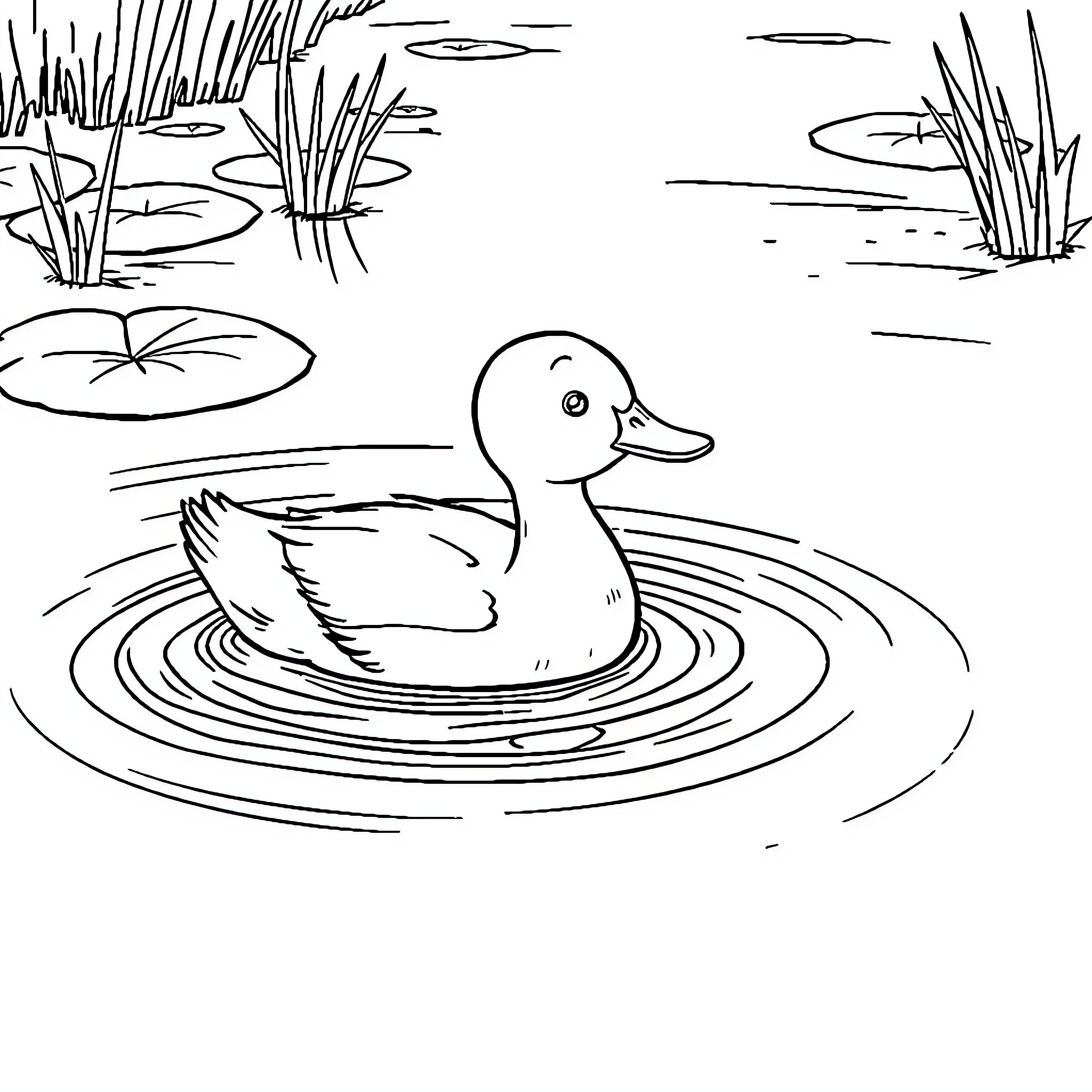 Duck swimming in a serene pond Coloring Page (free black-and-white line drawing printable PDF for all, from beginners to advanced learners, including children, teens, adults, and seniors)