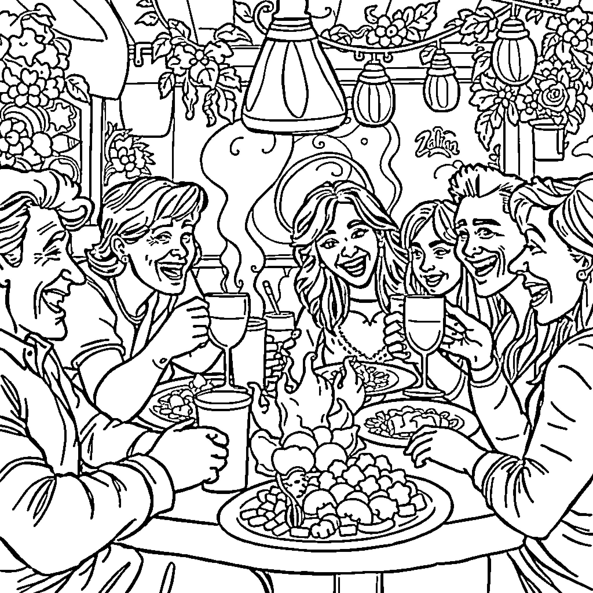 Brainrot Dinner Party with Lively Friends Coloring Page (free black-and-white line drawing printable PDF for all, from beginners to advanced learners, including children, teens, adults, and seniors)