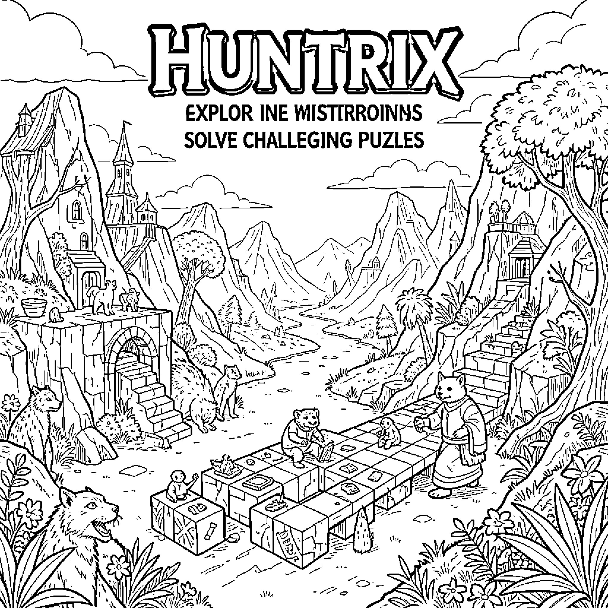 Huntrix exploring a magical valley with various animals Coloring Page (free black-and-white line drawing printable PDF for all, from beginners to advanced learners, including children, teens, adults, and seniors)