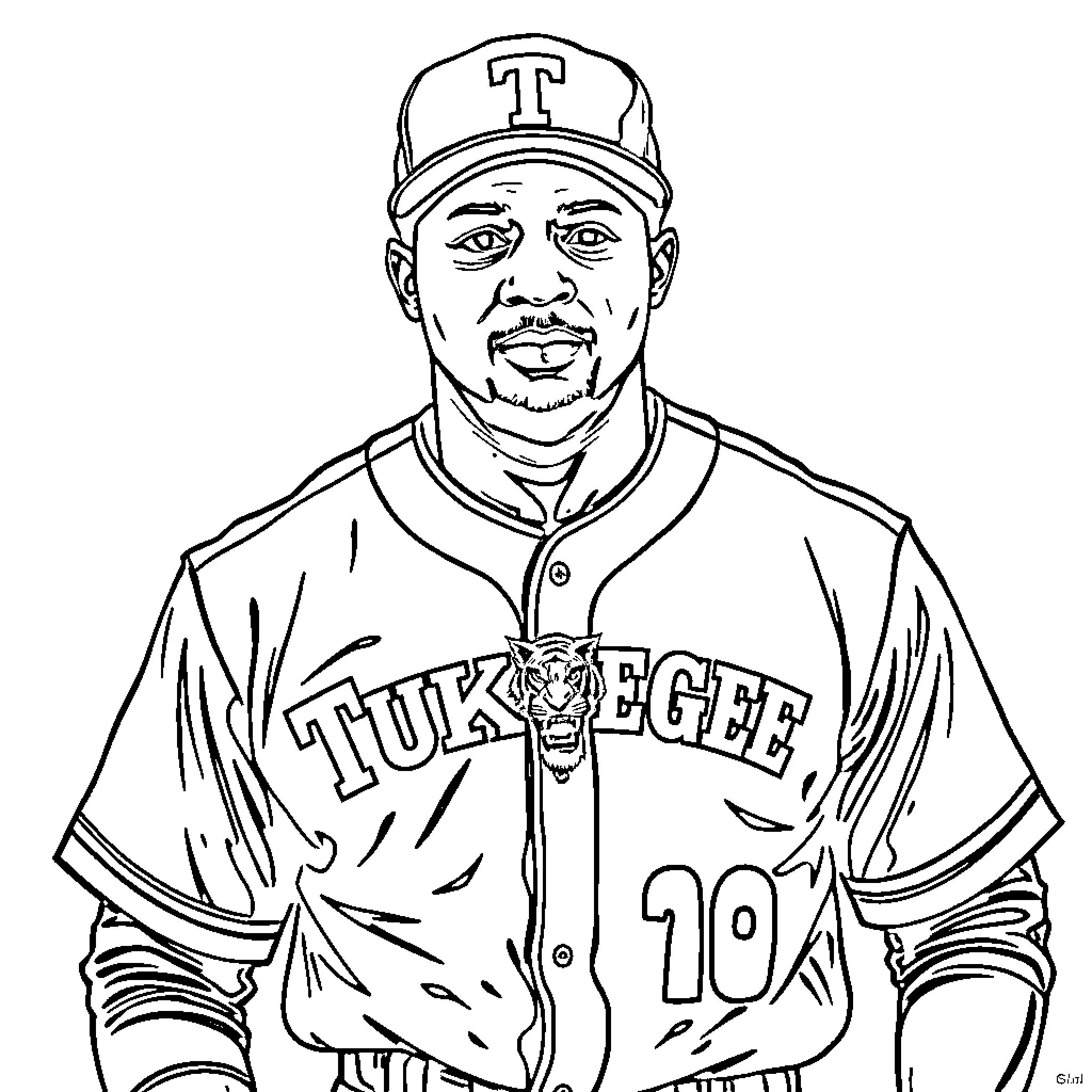 Tiger Ferociously Playing Baseball in Uniform Coloring Page (free black-and-white line drawing printable PDF for all, from beginners to advanced learners, including children, teens, adults, and seniors)