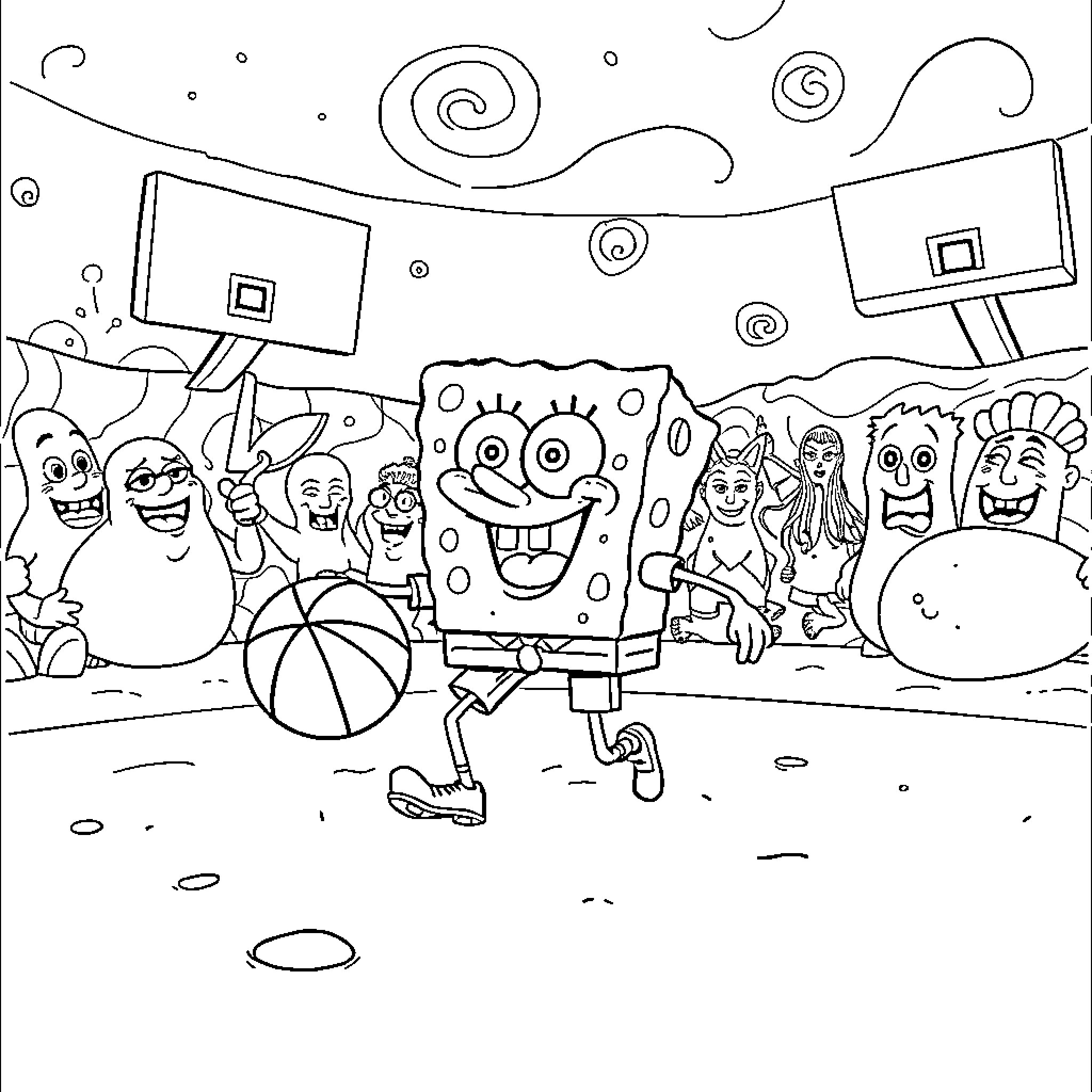 Spongebob and friends playing together happily Coloring Page (free black-and-white line drawing printable PDF for all, from beginners to advanced learners, including children, teens, adults, and seniors)