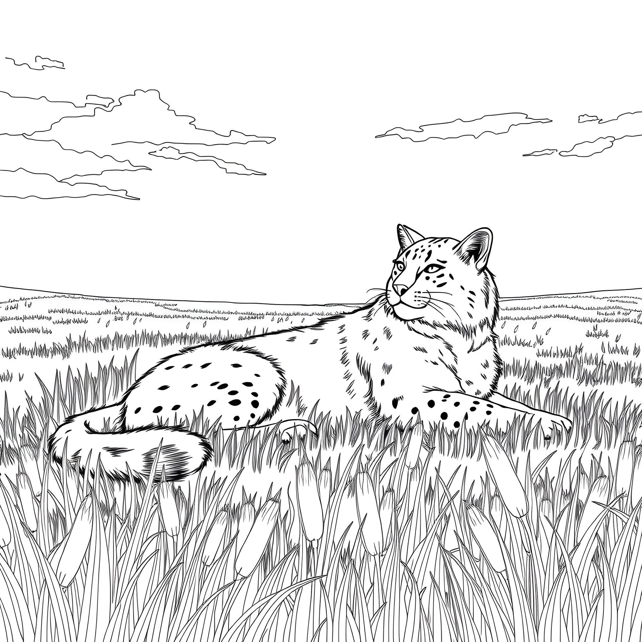 Cat resting peacefully in a grassy field Coloring Page (free black-and-white line drawing printable PDF for all, from beginners to advanced learners, including children, teens, adults, and seniors)