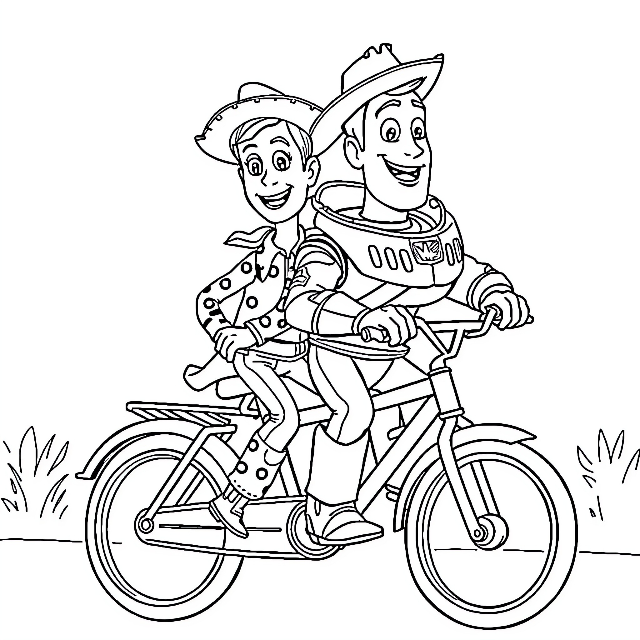 Woody and Buzz riding bikes together Coloring Page (free black-and-white line drawing printable PDF for all, from beginners to advanced learners, including children, teens, adults, and seniors)