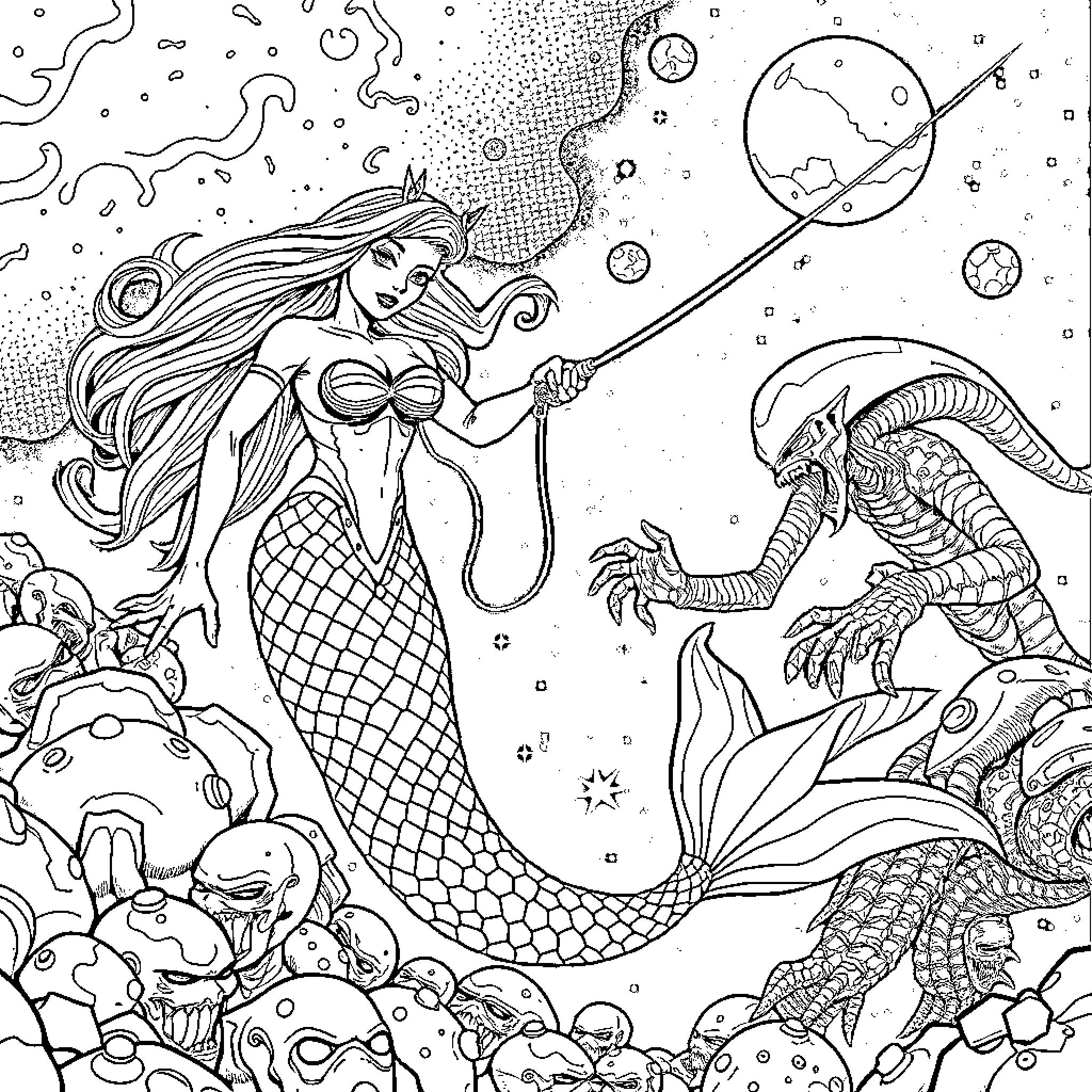 Mermaid battling a fearsome sea creature in cosmic underwater realm Coloring Page (free black-and-white line drawing printable PDF for all, from beginners to advanced learners, including children, teens, adults, and seniors)