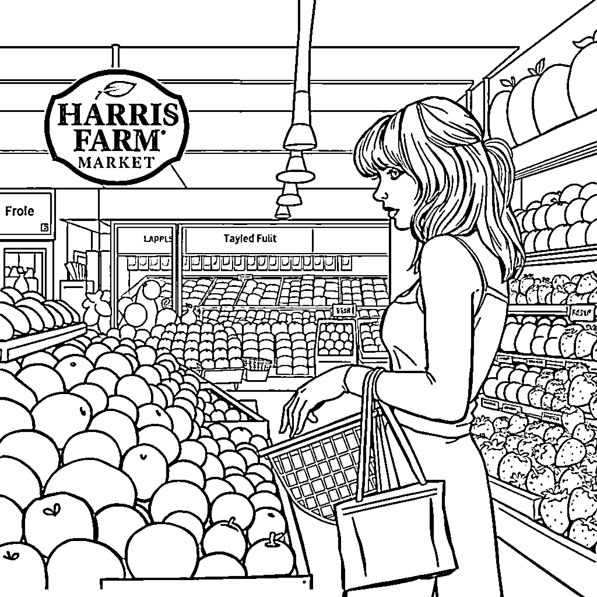 Taylor Swift Shopping at the Harris Farm Market Coloring Page (free black-and-white line drawing printable PDF for all, from beginners to advanced learners, including children, teens, adults, and seniors)