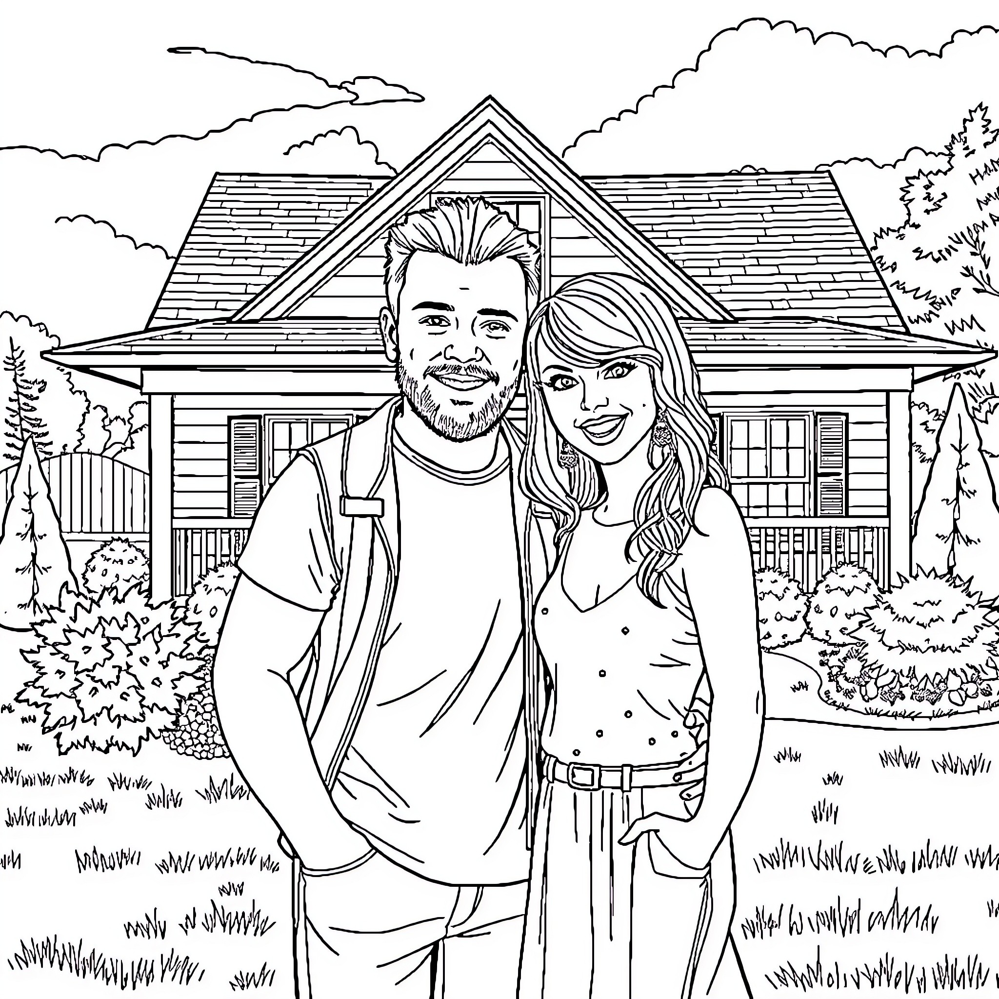 Travis Kelce and partner outside their home Coloring Page (free black-and-white line drawing printable PDF for all, from beginners to advanced learners, including children, teens, adults, and seniors)