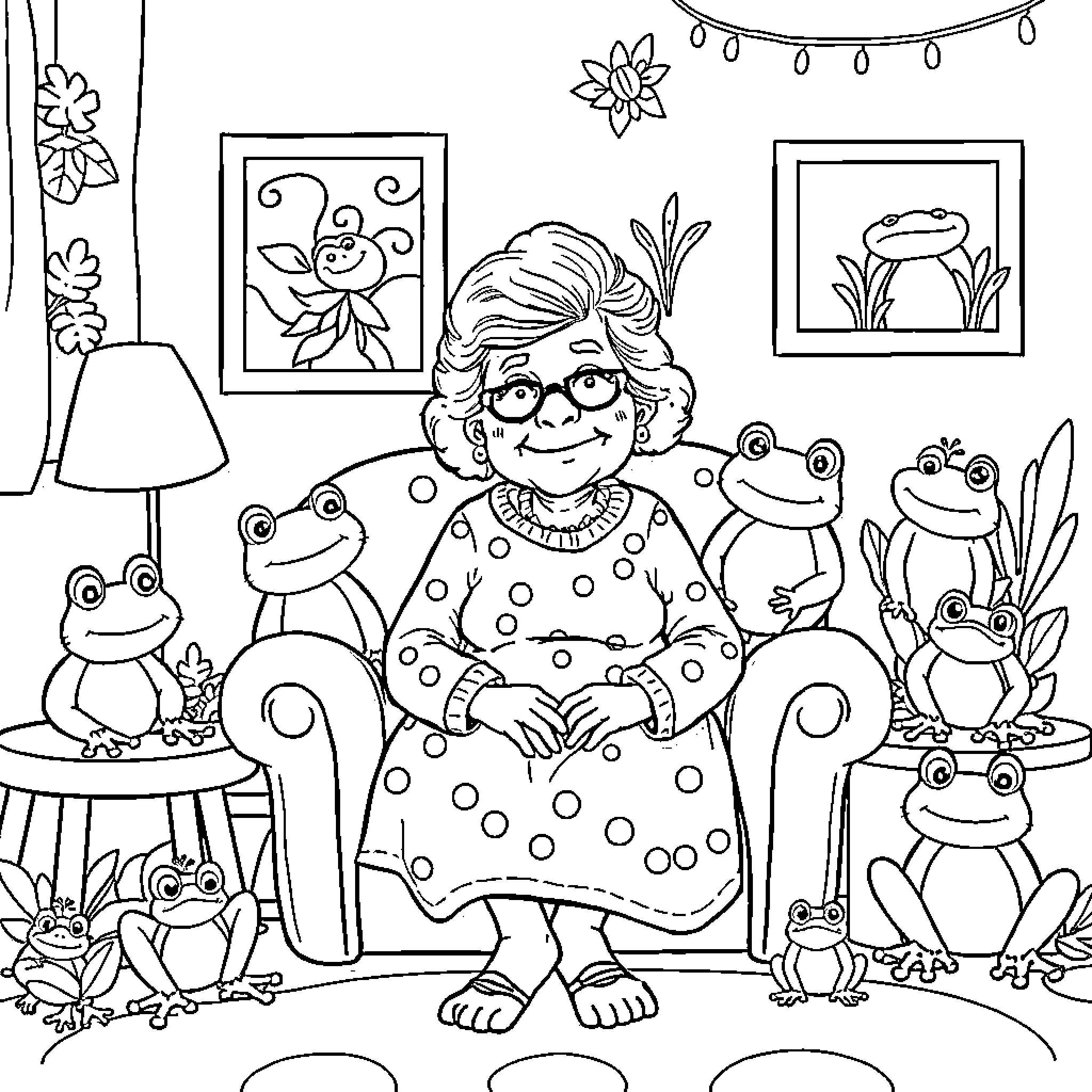 Grandma's Playful Moments with Frog Friends Coloring Page (free black-and-white line drawing printable PDF for all, from beginners to advanced learners, including children, teens, adults, and seniors)