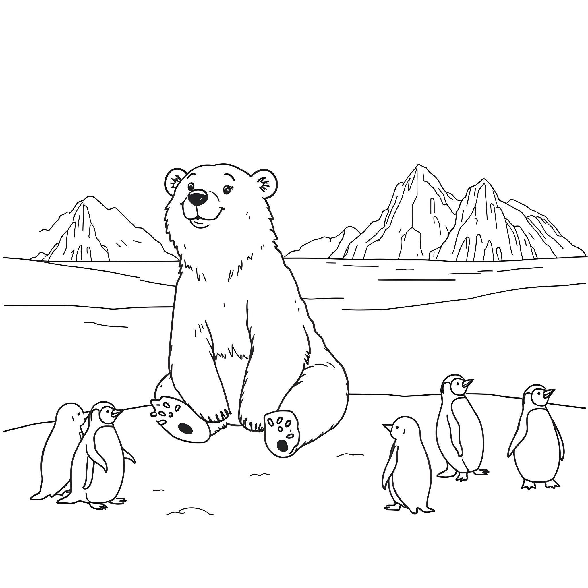 Bear playing with penguins in the Arctic Coloring Page (free black-and-white line drawing printable PDF for all, from beginners to advanced learners, including children, teens, adults, and seniors)