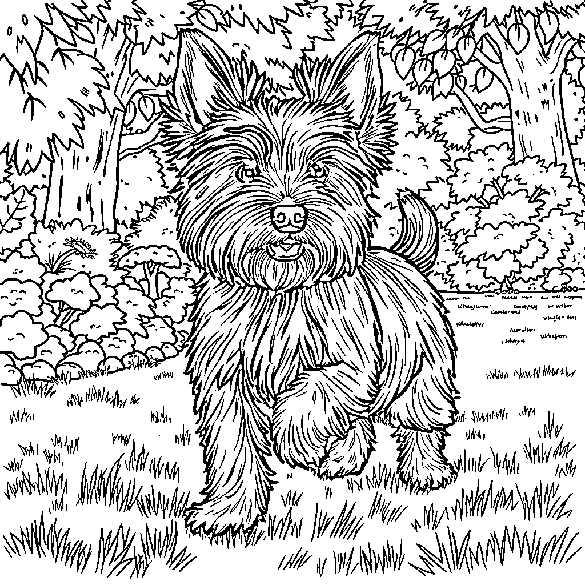 Yorkshire Dog Playing in Lush Wilderness Coloring Page (free black-and-white line drawing printable PDF for all, from beginners to advanced learners, including children, teens, adults, and seniors)