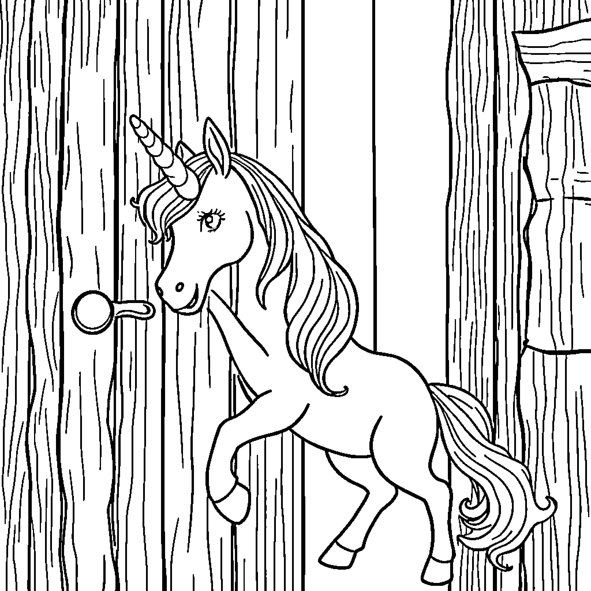 Unicorn exploring the enchanted forest Coloring Page (free black-and-white line drawing printable PDF for all, from beginners to advanced learners, including children, teens, adults, and seniors)