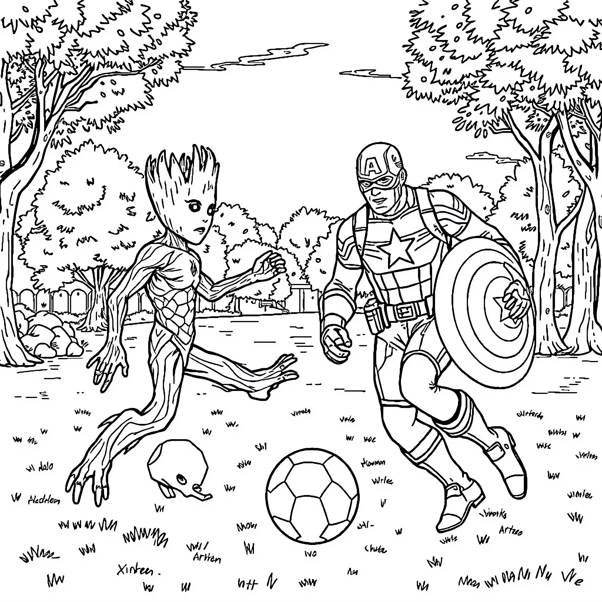 Groot playing soccer with Captain America in the forest Coloring Page (free black-and-white line drawing printable PDF for all, from beginners to advanced learners, including children, teens, adults, and seniors)