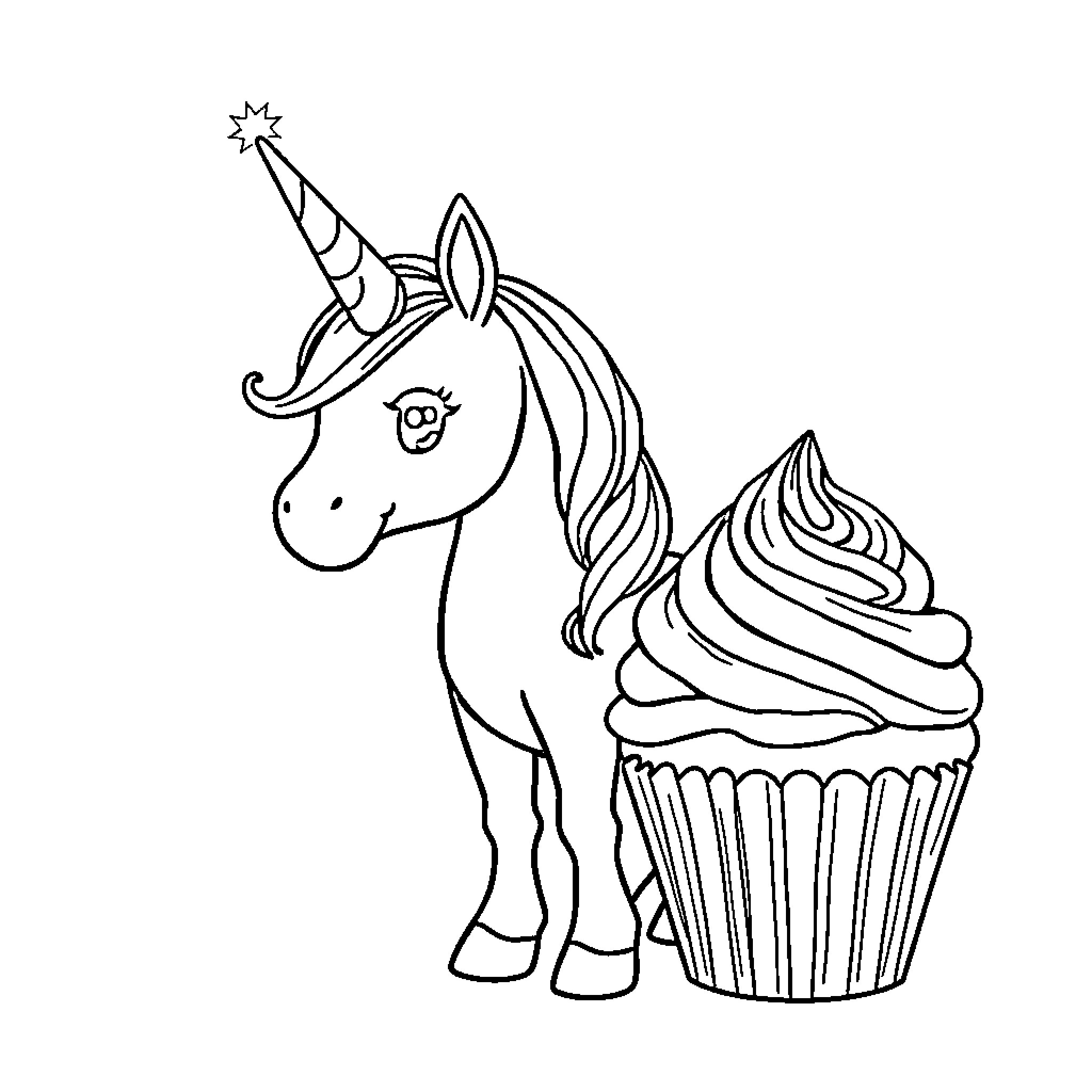 Unicorn with a Whimsical Cupcake Coloring Page (free black-and-white line drawing printable PDF for all, from beginners to advanced learners, including children, teens, adults, and seniors)