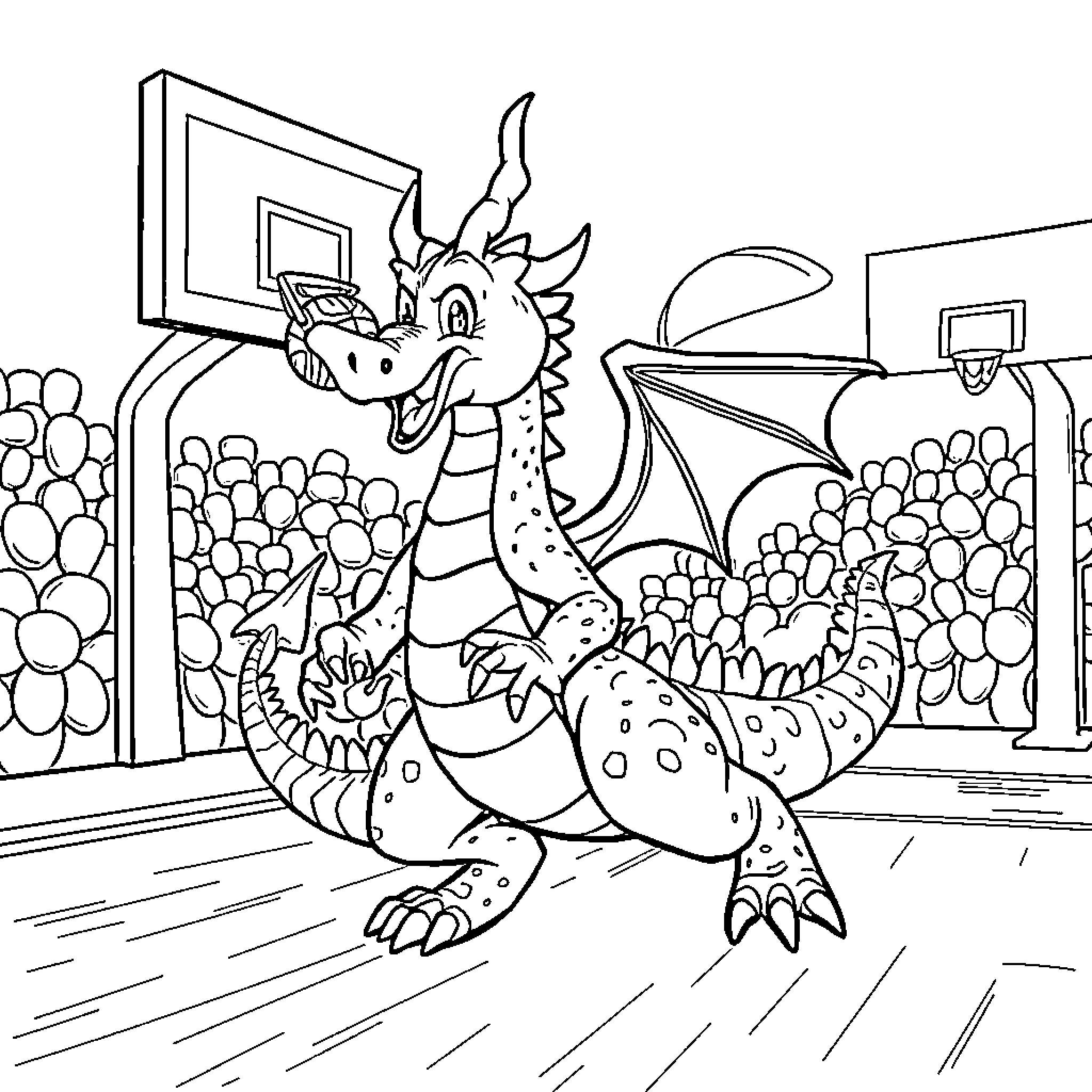 Dragonite playing basketball with balloons Coloring Page (free black-and-white line drawing printable PDF for all, from beginners to advanced learners, including children, teens, adults, and seniors)