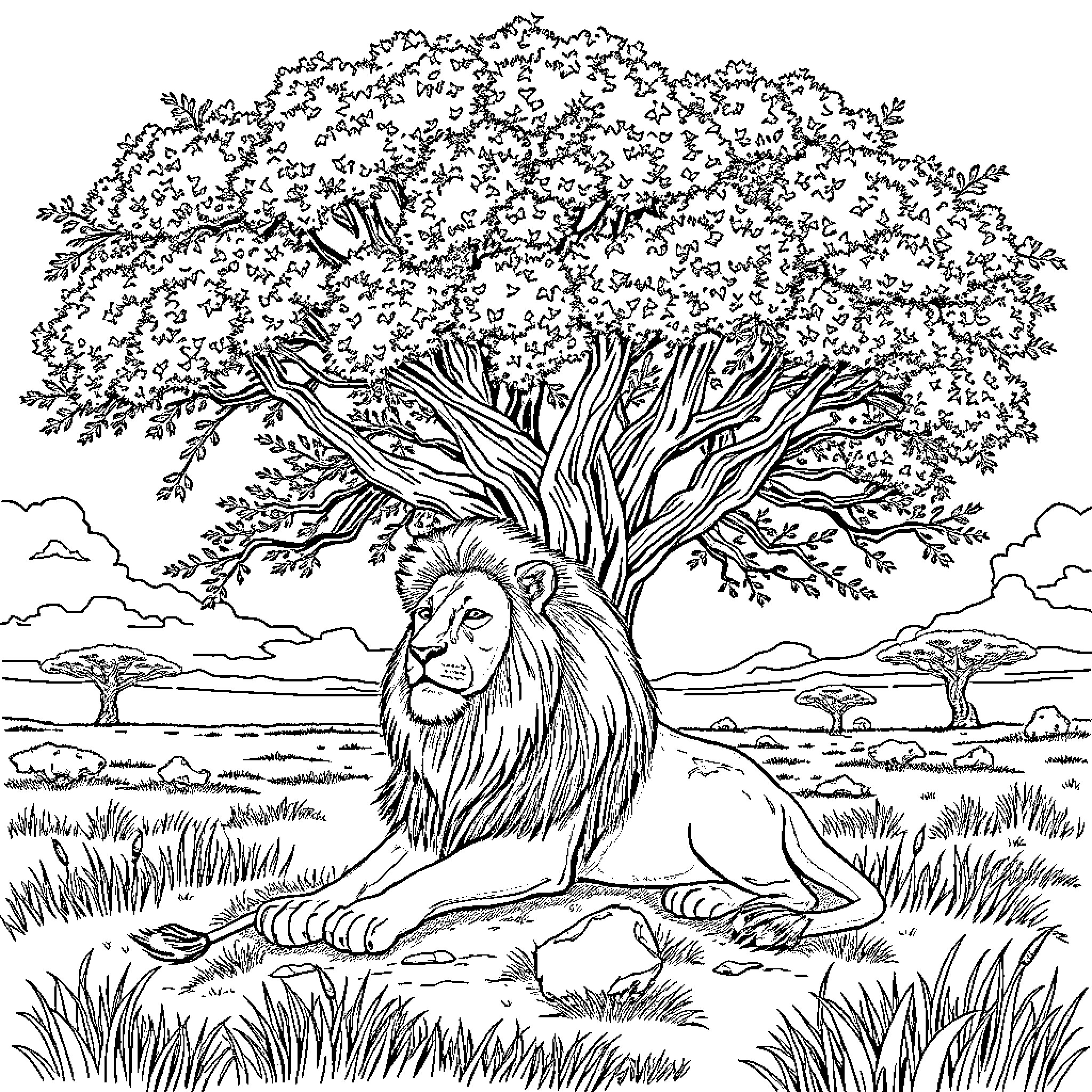 Lion resting under a large tree in the savanna Coloring Page (free black-and-white line drawing printable PDF for all, from beginners to advanced learners, including children, teens, adults, and seniors)