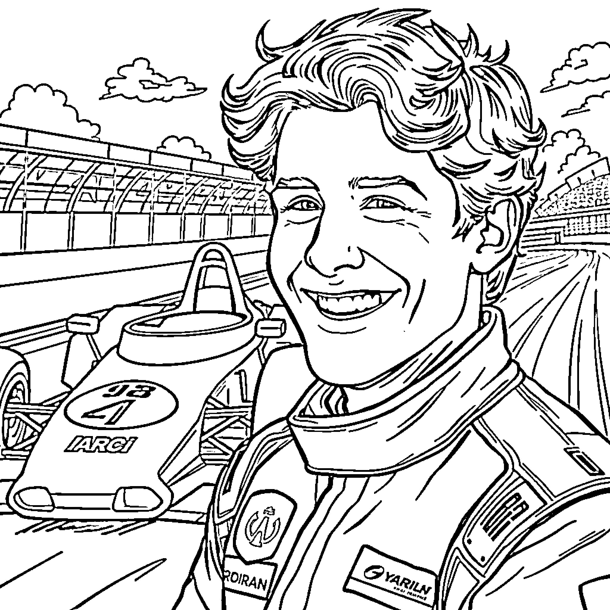Lando Norris smiling at the racetrack Coloring Page (free black-and-white line drawing printable PDF for all, from beginners to advanced learners, including children, teens, adults, and seniors)