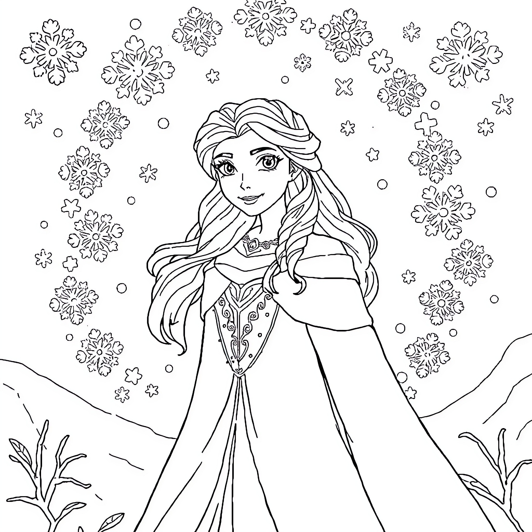 Snow Queen in Snowy Wonderland Coloring Page (free black-and-white line drawing printable PDF for all, from beginners to advanced learners, including children, teens, adults, and seniors)