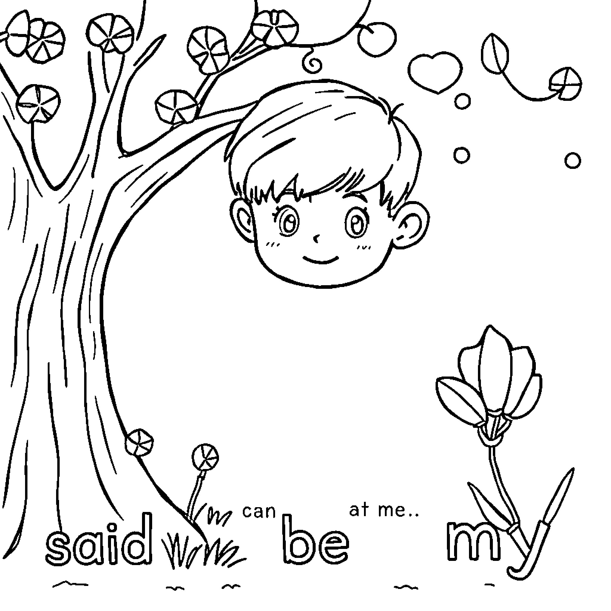 Site Word: Boy playing joyfully in nature Coloring Page (free black-and-white line drawing printable PDF for all, from beginners to advanced learners, including children, teens, adults, and seniors)