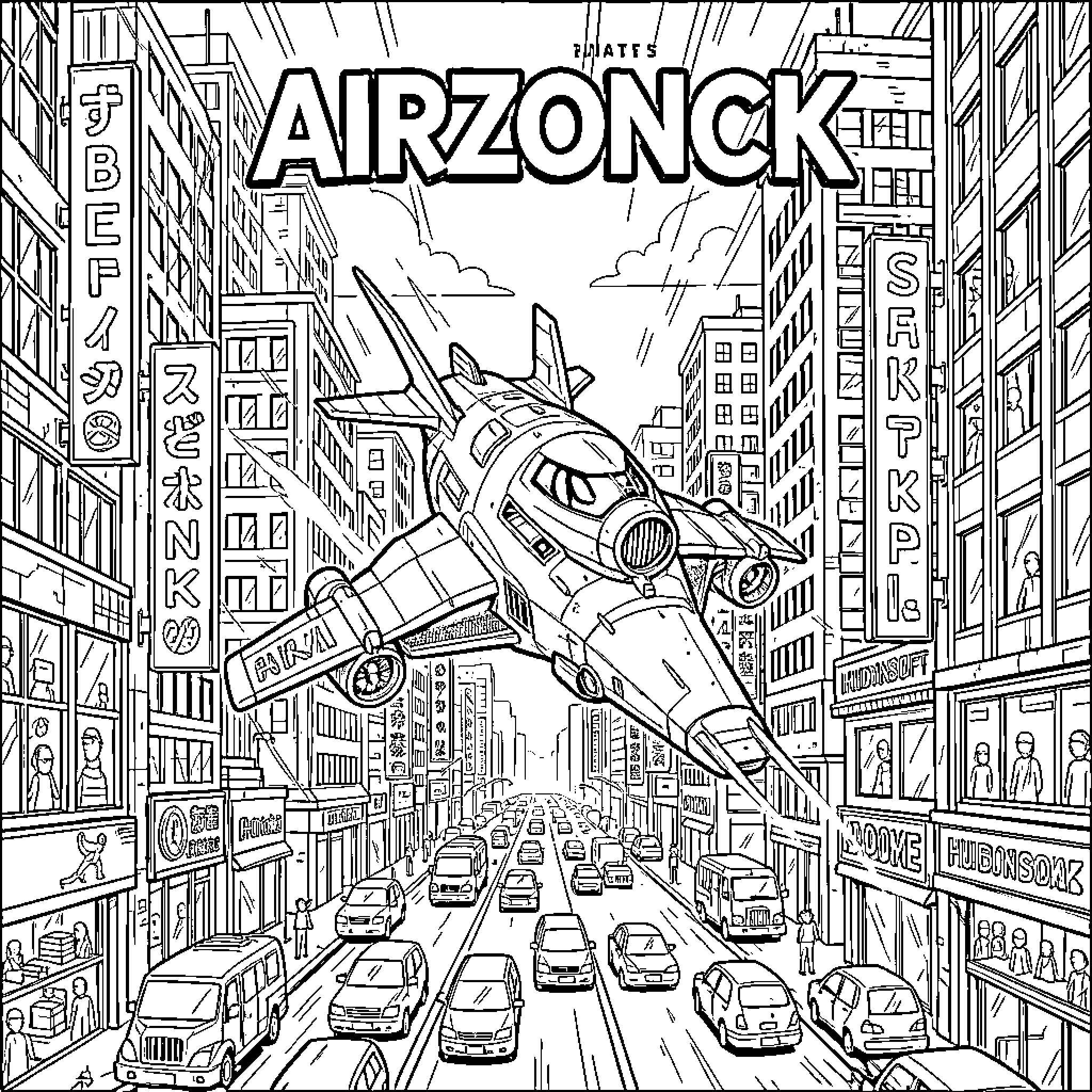 Airzonck jet flying through a busy city street Coloring Page (free black-and-white line drawing printable PDF for all, from beginners to advanced learners, including children, teens, adults, and seniors)