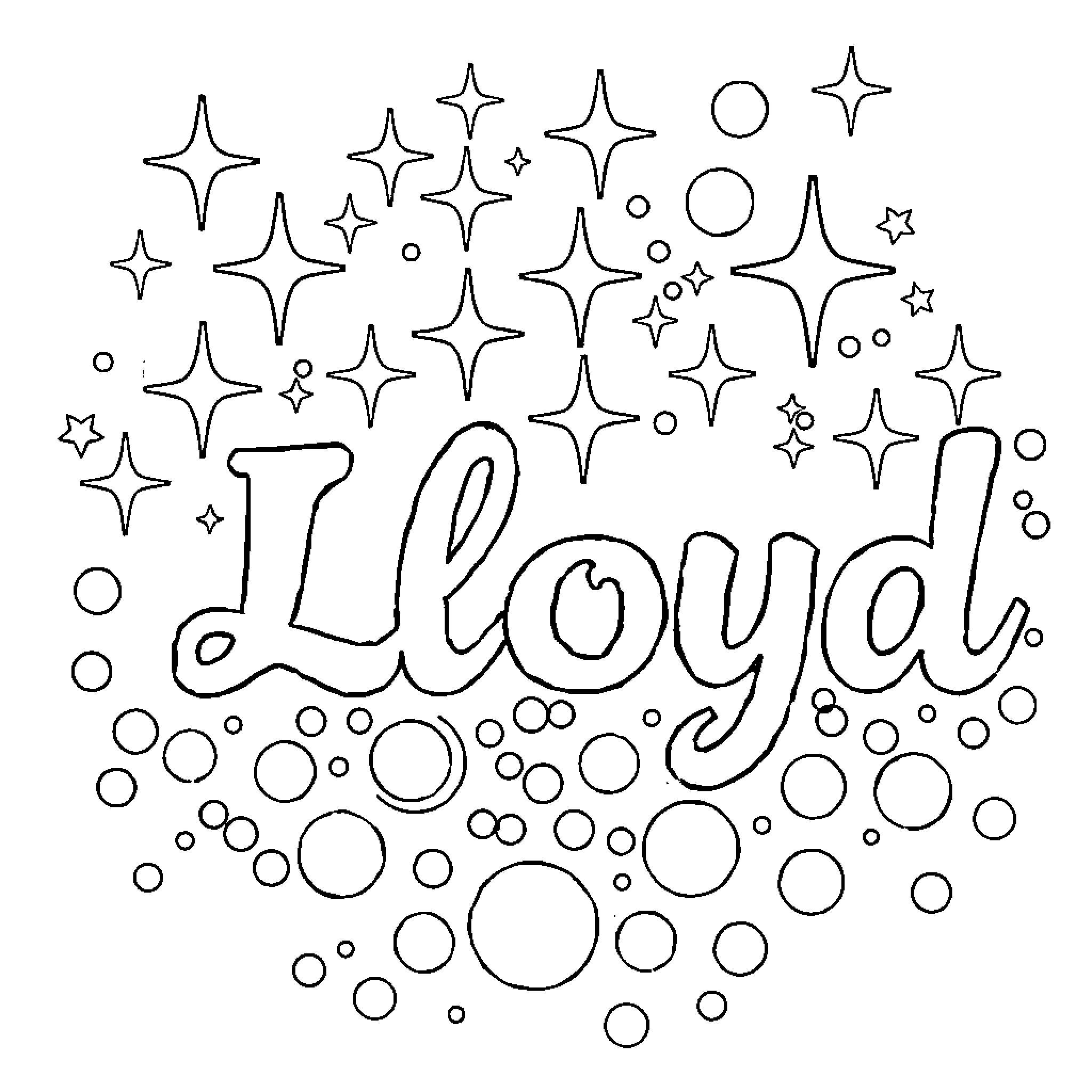 Lloyd's Whimsical Sparkles and Bubbles Coloring Page (free black-and-white line drawing printable PDF for all, from beginners to advanced learners, including children, teens, adults, and seniors)