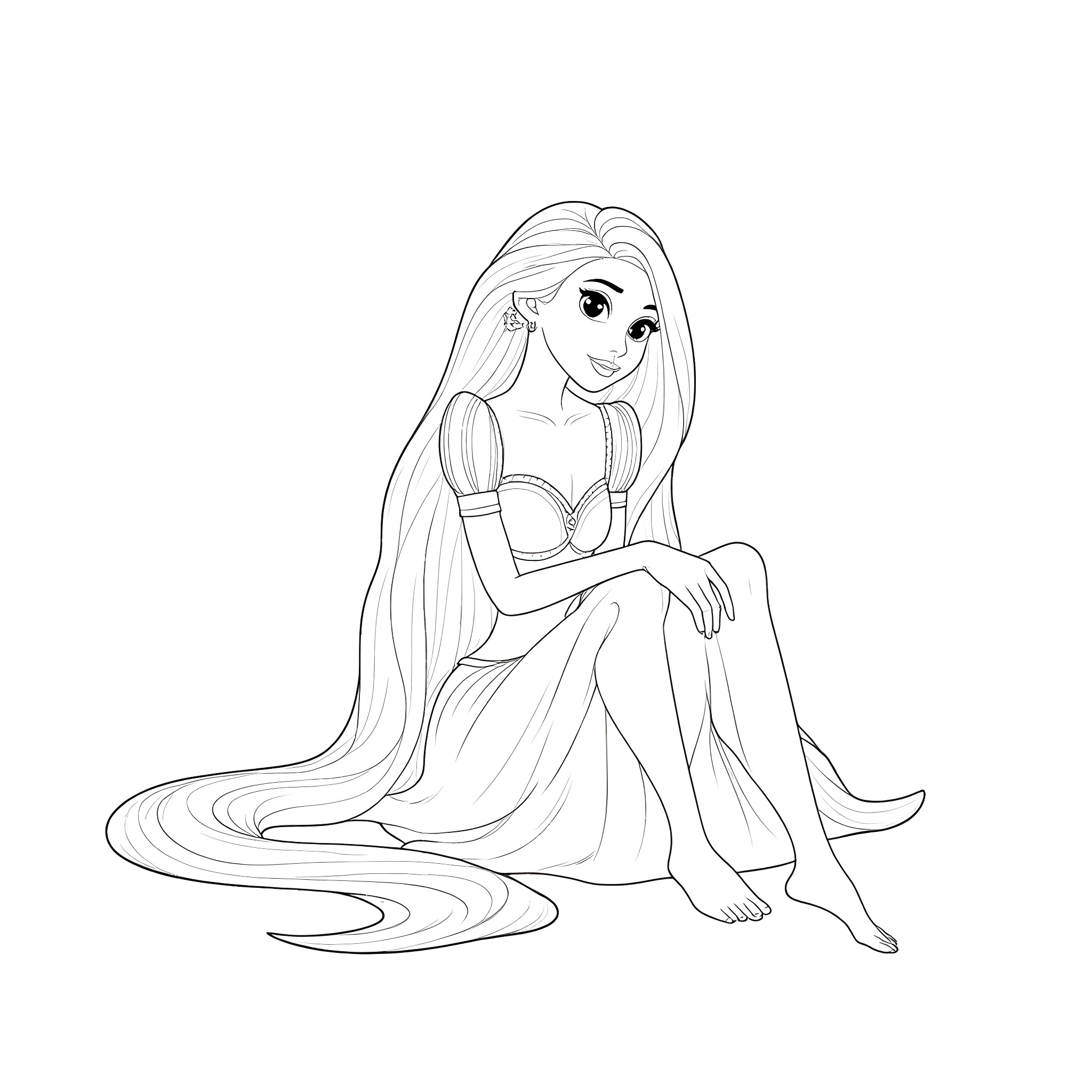 Rapunzel sitting with long flowing hair Coloring Page (free black-and-white line drawing printable PDF for all, from beginners to advanced learners, including children, teens, adults, and seniors)