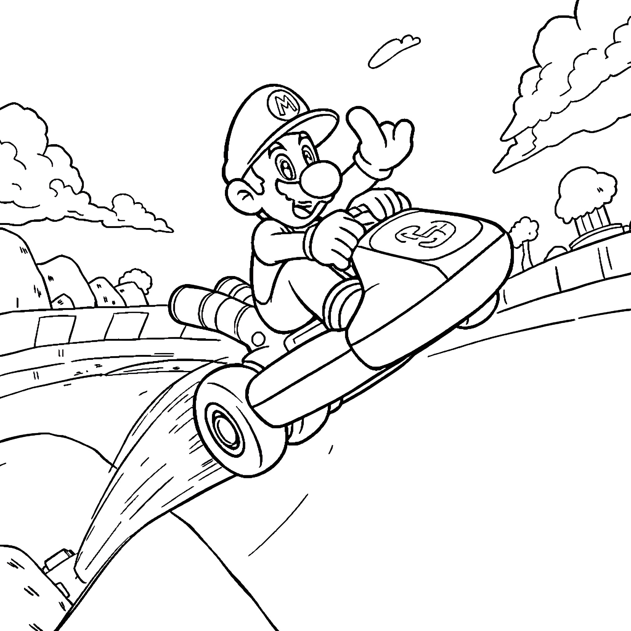 Luigi's Thrilling Rocket Ride Adventure Coloring Page (free black-and-white line drawing printable PDF for all, from beginners to advanced learners, including children, teens, adults, and seniors)