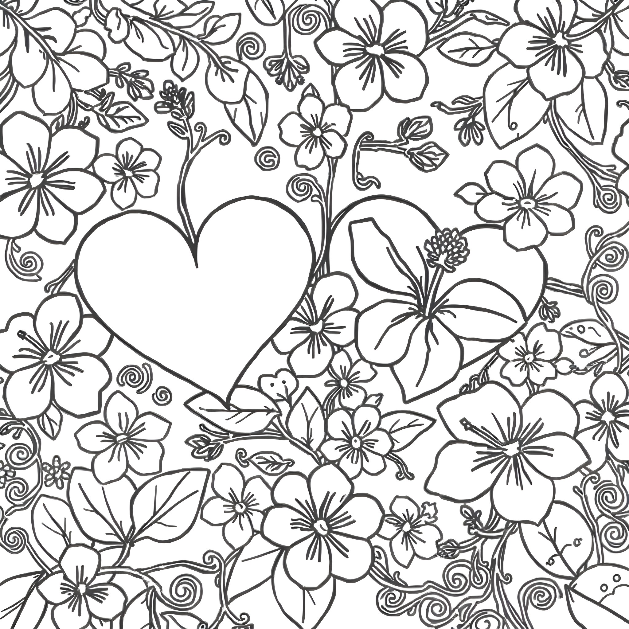 Heart Surrounded by Blooming Floral Patterns Coloring Page (free black-and-white line drawing printable PDF for all, from beginners to advanced learners, including children, teens, adults, and seniors)