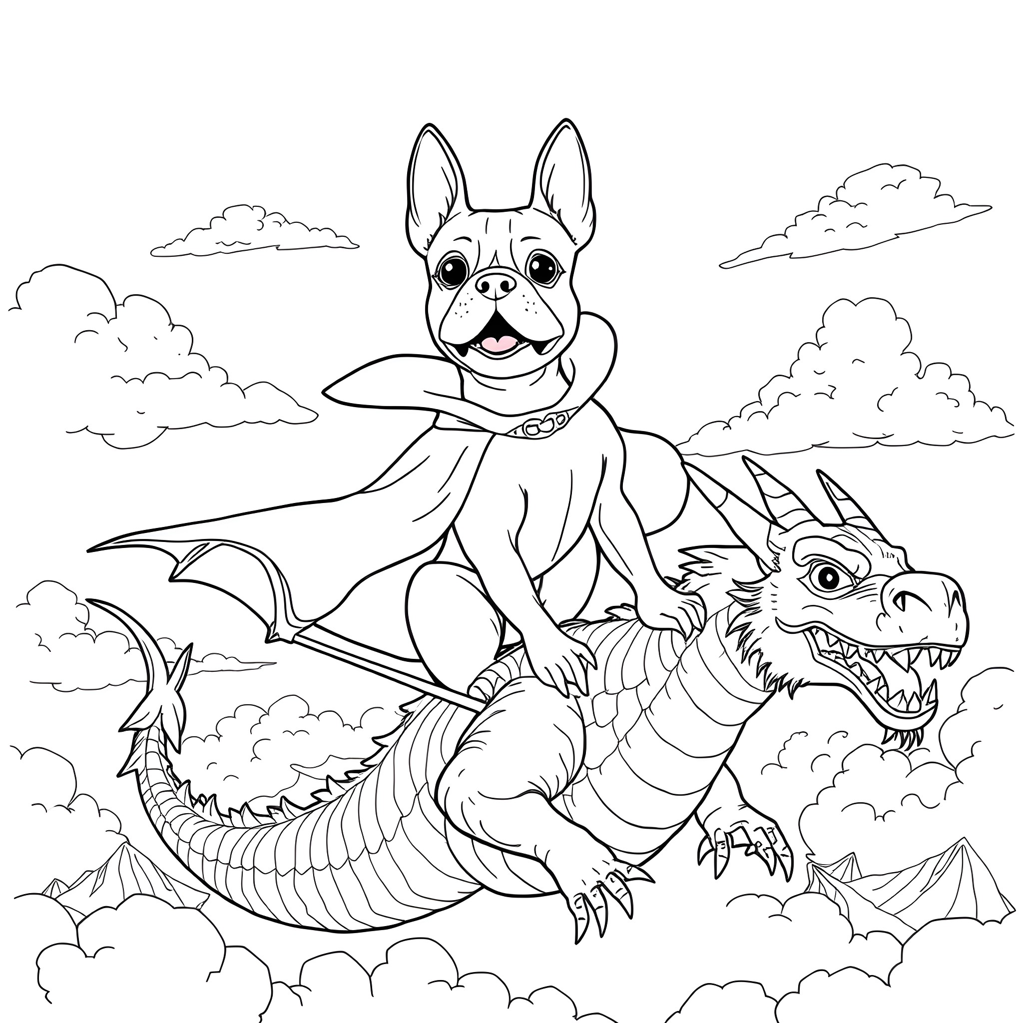 Boston Terrier riding a mythical dragon in the clouds Coloring Page (free black-and-white line drawing printable PDF for all, from beginners to advanced learners, including children, teens, adults, and seniors)
