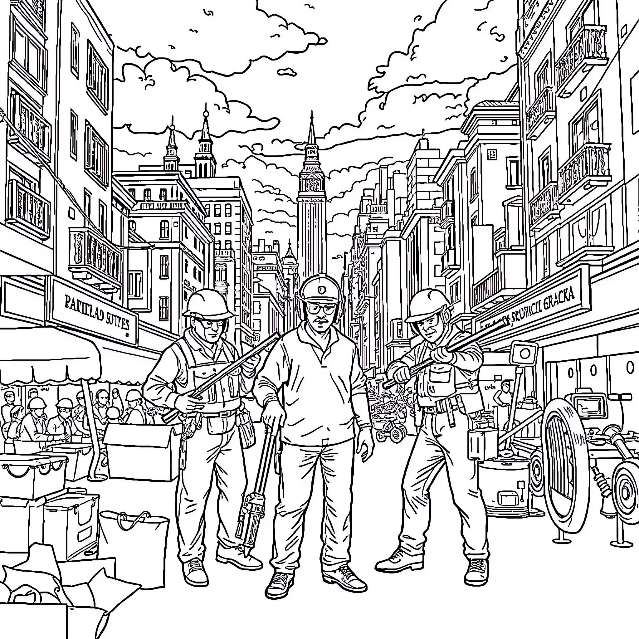 Avengers Assembling in the Bustling City Coloring Page (free black-and-white line drawing printable PDF for all, from beginners to advanced learners, including children, teens, adults, and seniors)