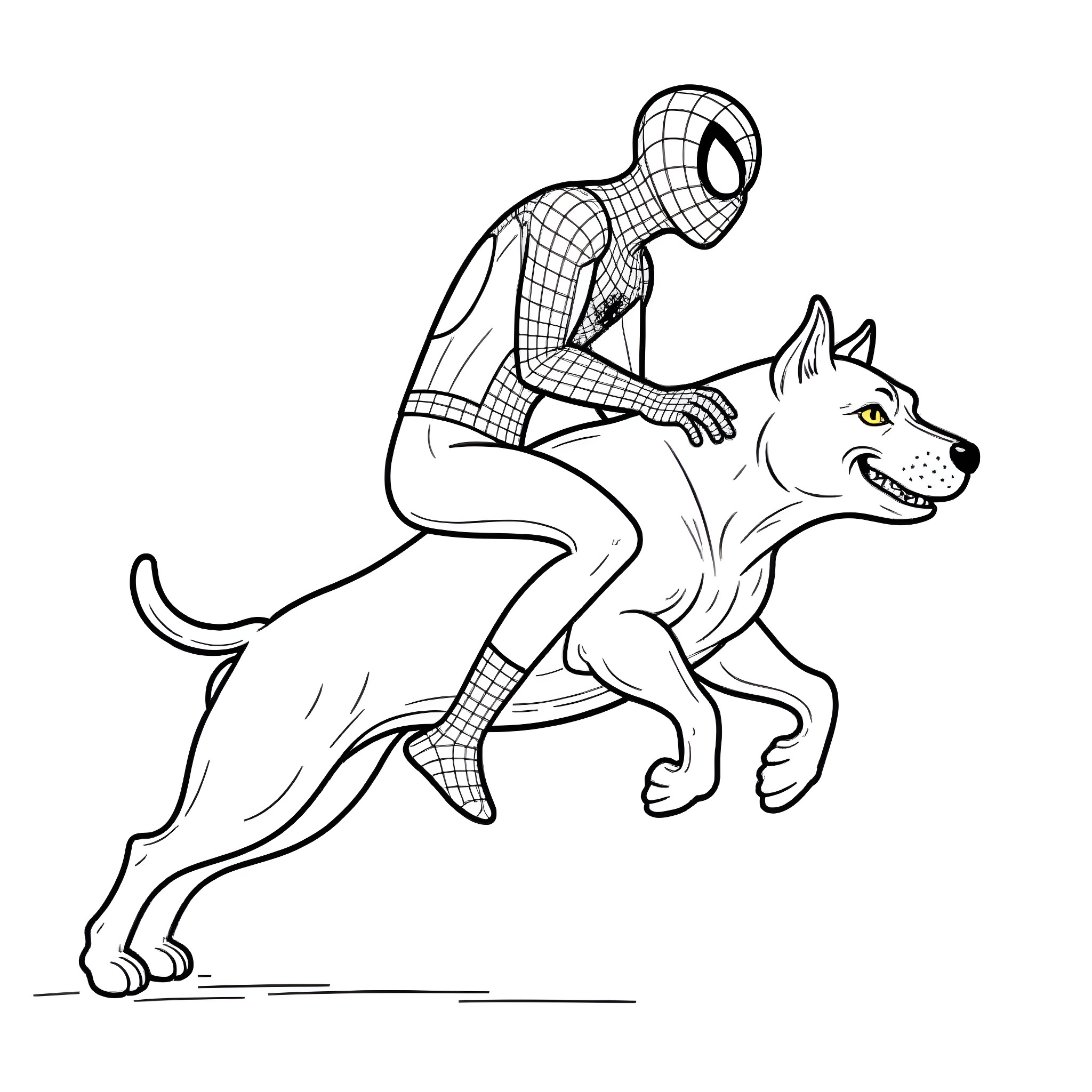 Spiderman riding a wolf in action Coloring Page (free black-and-white line drawing printable PDF for all, from beginners to advanced learners, including children, teens, adults, and seniors)