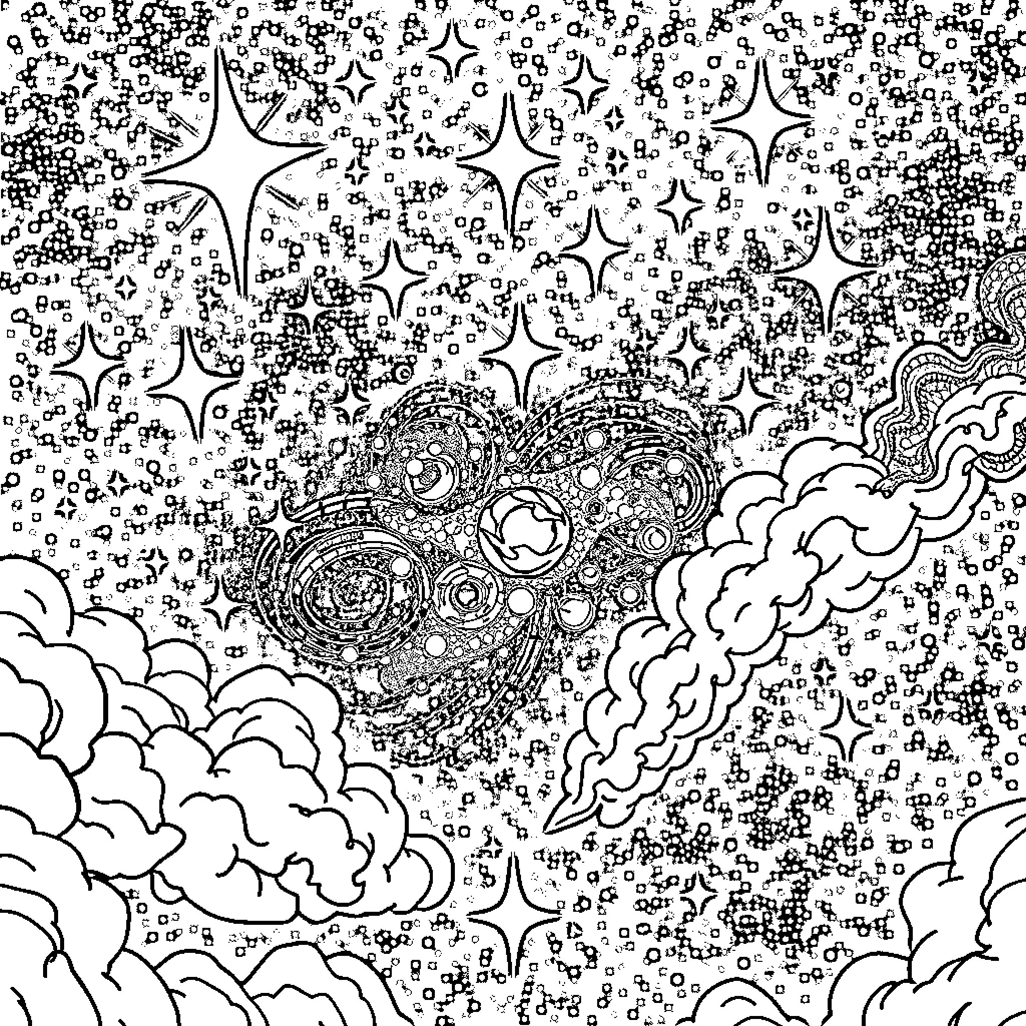Galaxy of Celestial Wonders Coloring Page (free black-and-white line drawing printable PDF for all, from beginners to advanced learners, including children, teens, adults, and seniors)
