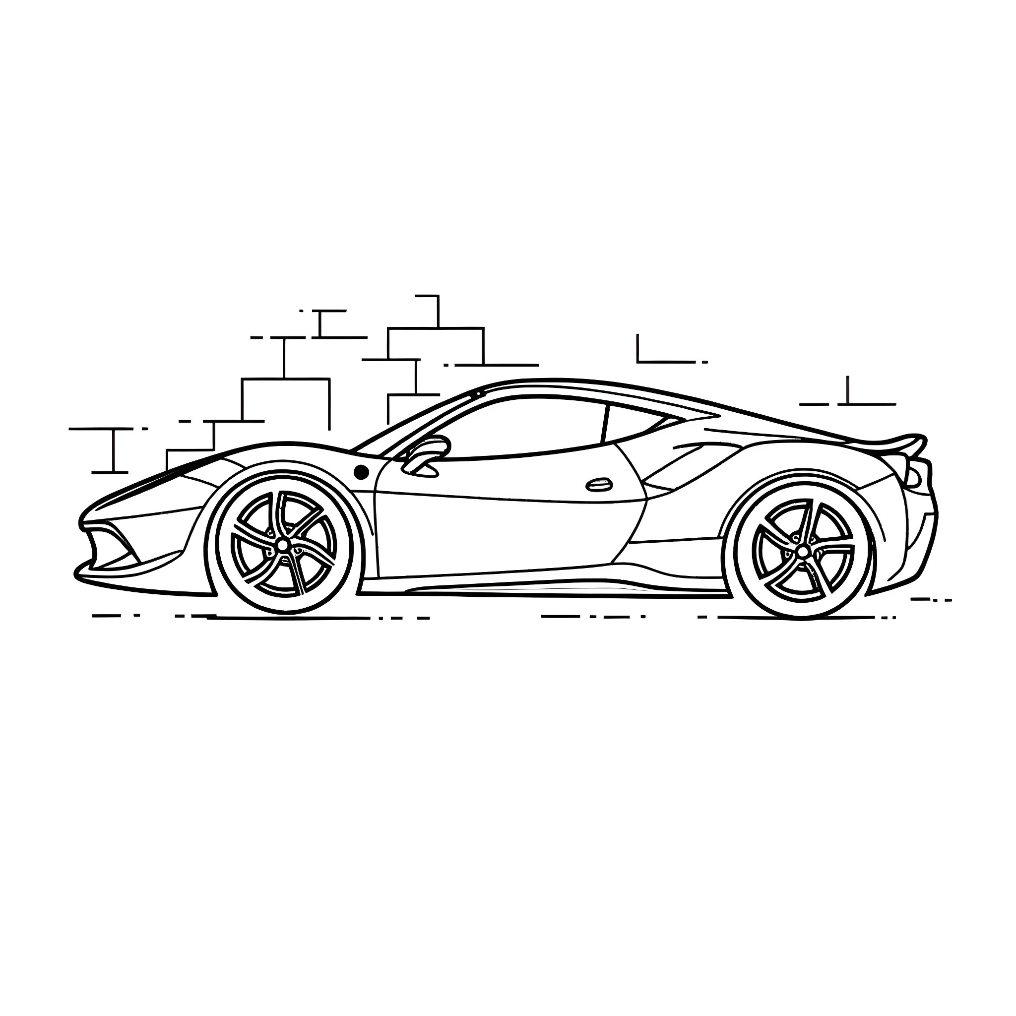 Ferrari sports car speeding on the road Coloring Page (free black-and-white line drawing printable PDF for all, from beginners to advanced learners, including children, teens, adults, and seniors)