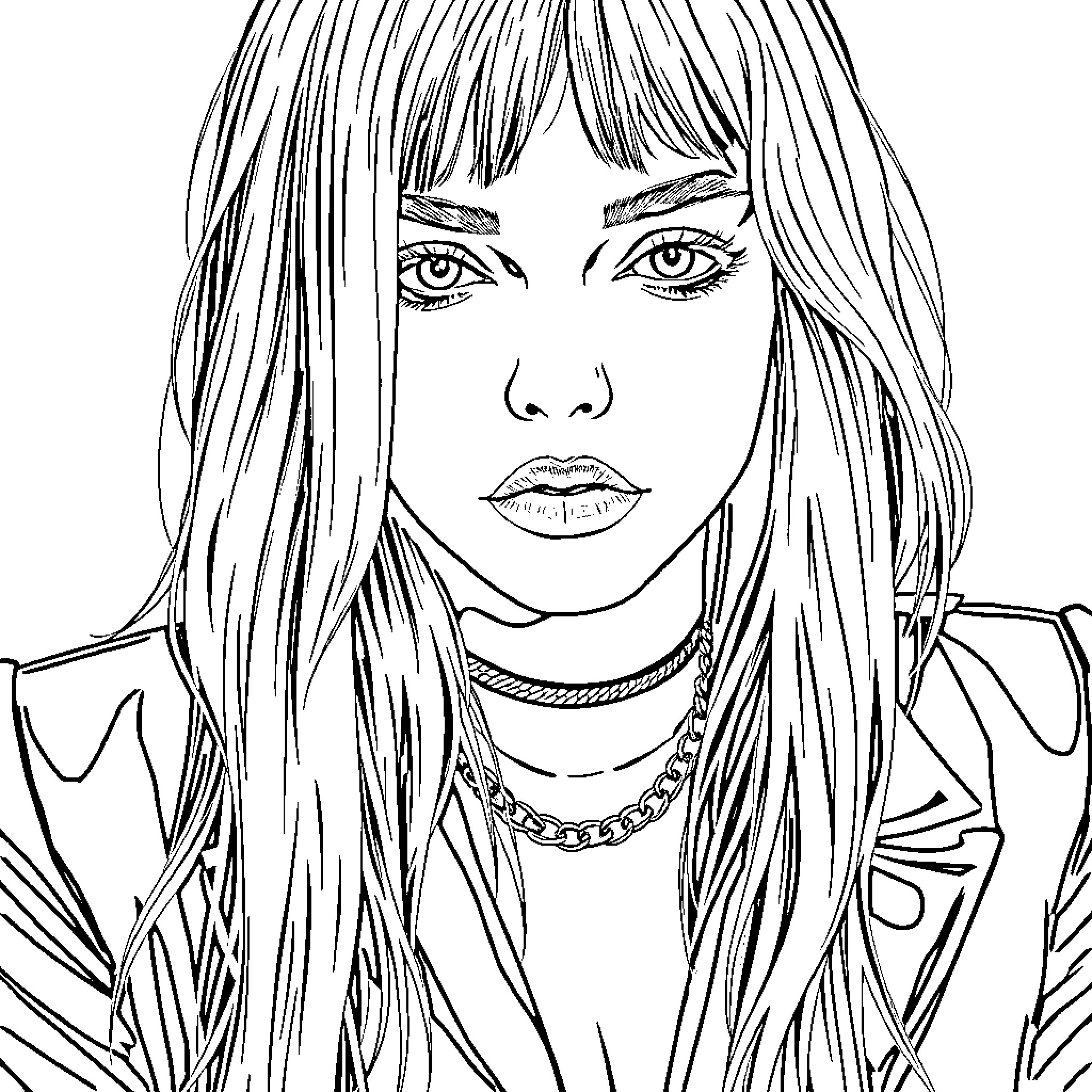 Billie Eilish in black and white portrait Coloring Page (free black-and-white line drawing printable PDF for all, from beginners to advanced learners, including children, teens, adults, and seniors)