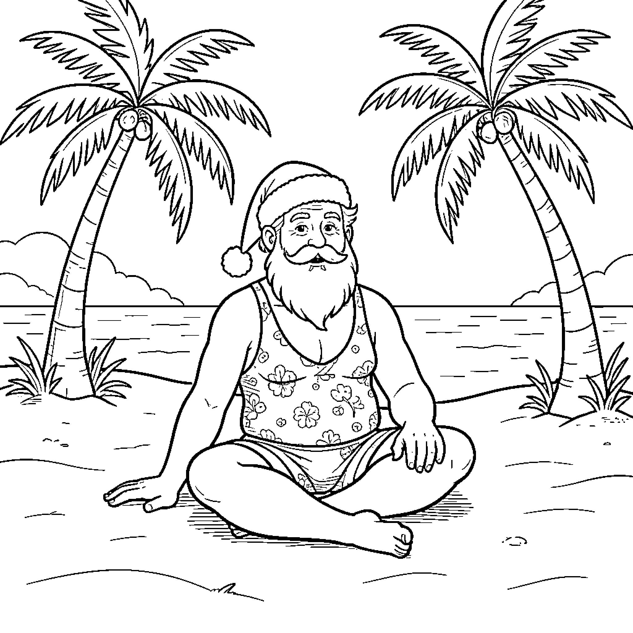 Père Noël relaxing on a tropical beach Coloring Page (free black-and-white line drawing printable PDF for all, from beginners to advanced learners, including children, teens, adults, and seniors)