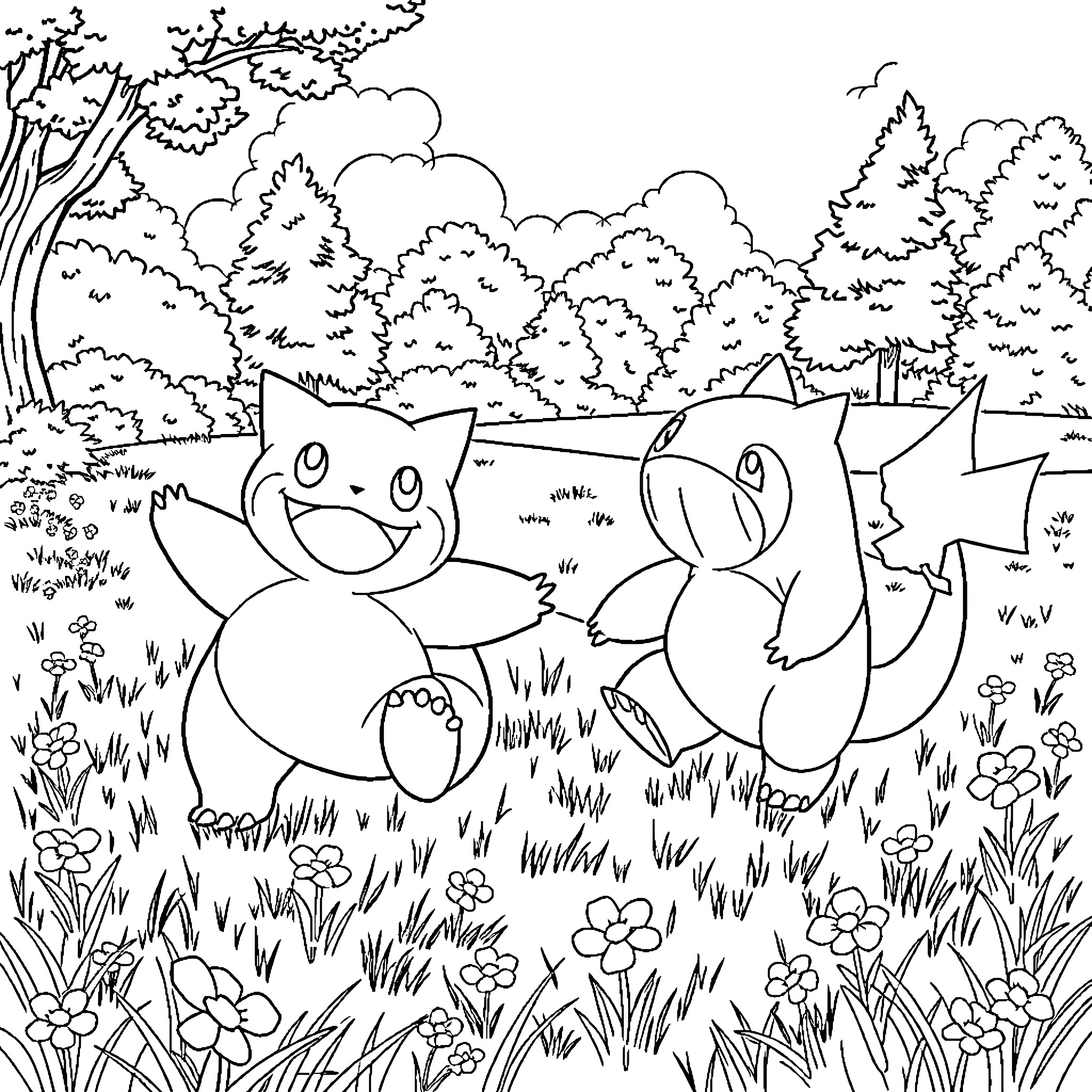 Snorlax relaxing in the forest Coloring Page (free black-and-white line drawing printable PDF for all, from beginners to advanced learners, including children, teens, adults, and seniors)