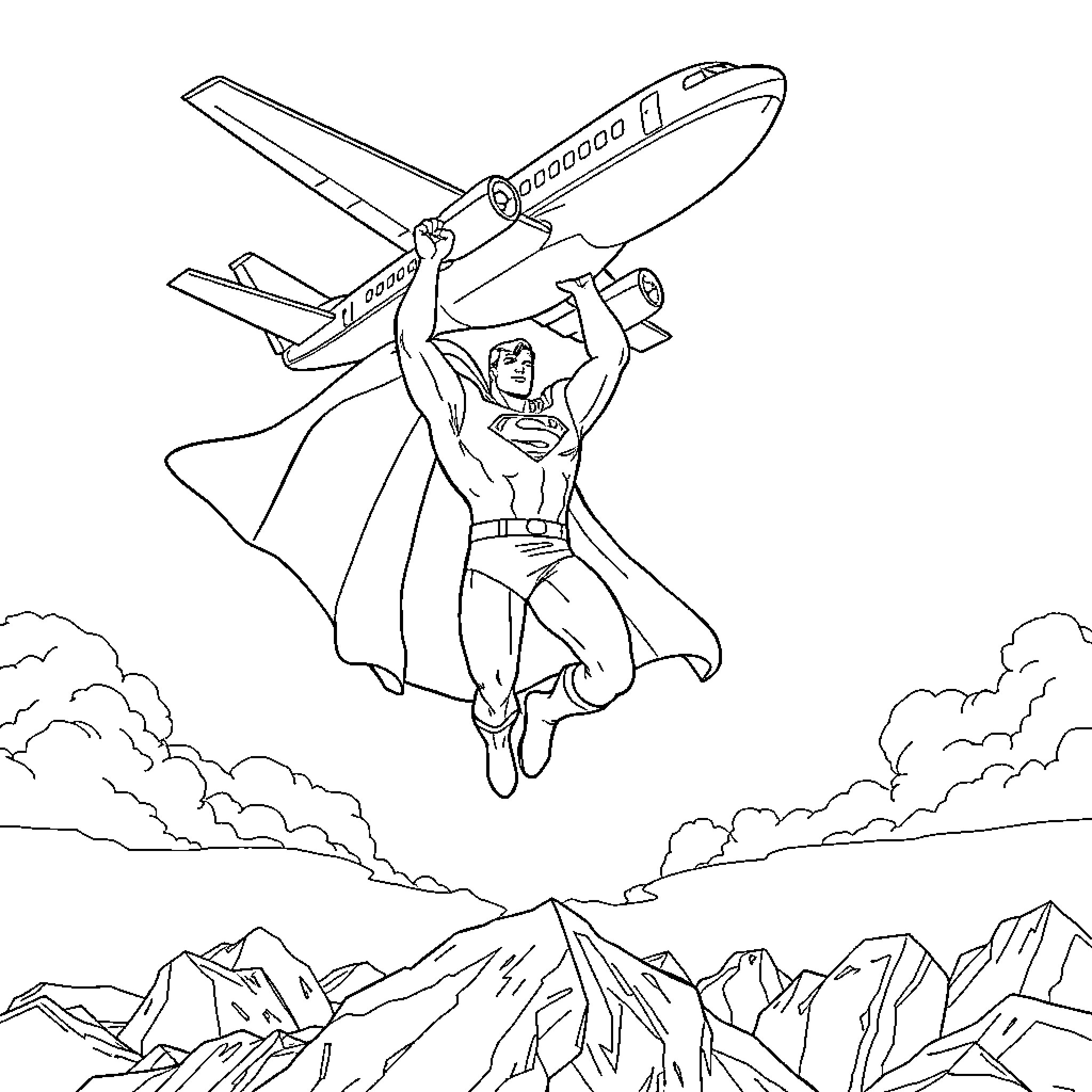 Superman stopping a plane in midair Coloring Page (free black-and-white line drawing printable PDF for all, from beginners to advanced learners, including children, teens, adults, and seniors)