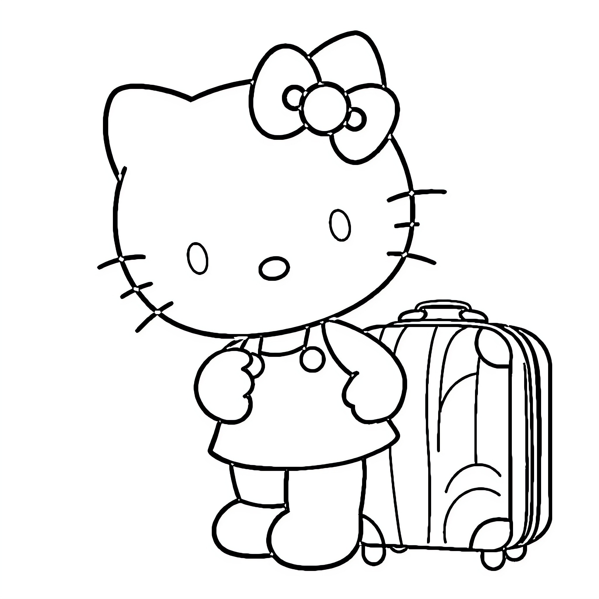 Hello Kitty traveling with luggage Coloring Page (free black-and-white line drawing printable PDF for all, from beginners to advanced learners, including children, teens, adults, and seniors)