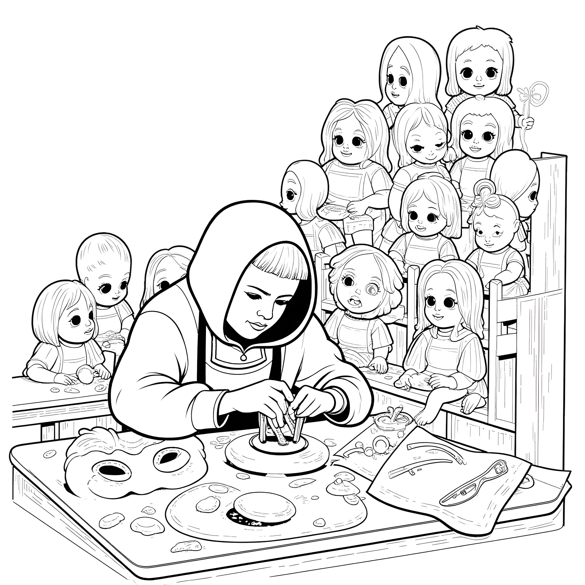 Doll maker creating new figurines with toys Coloring Page (free black-and-white line drawing printable PDF for all, from beginners to advanced learners, including children, teens, adults, and seniors)