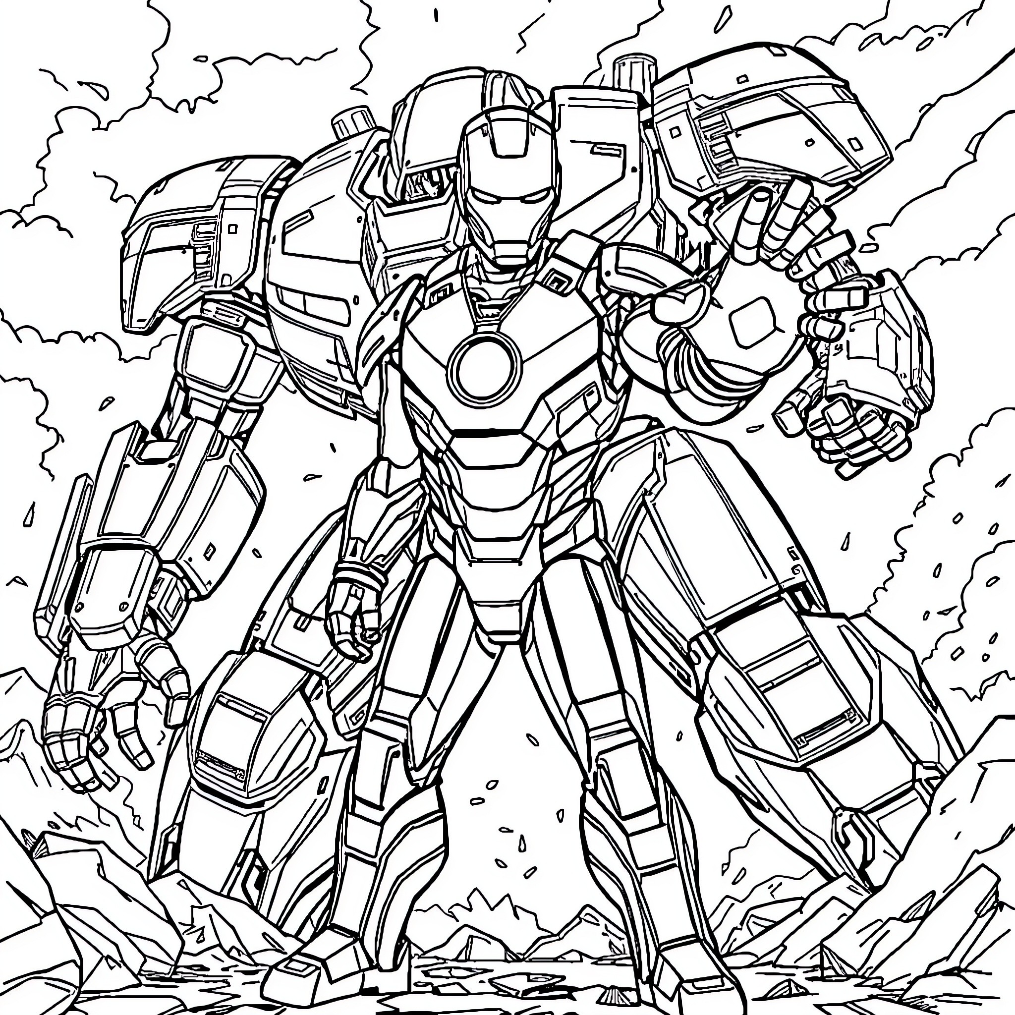 Iron Man in Epic Battle Pose Coloring Page (free black-and-white line drawing printable PDF for all, from beginners to advanced learners, including children, teens, adults, and seniors)