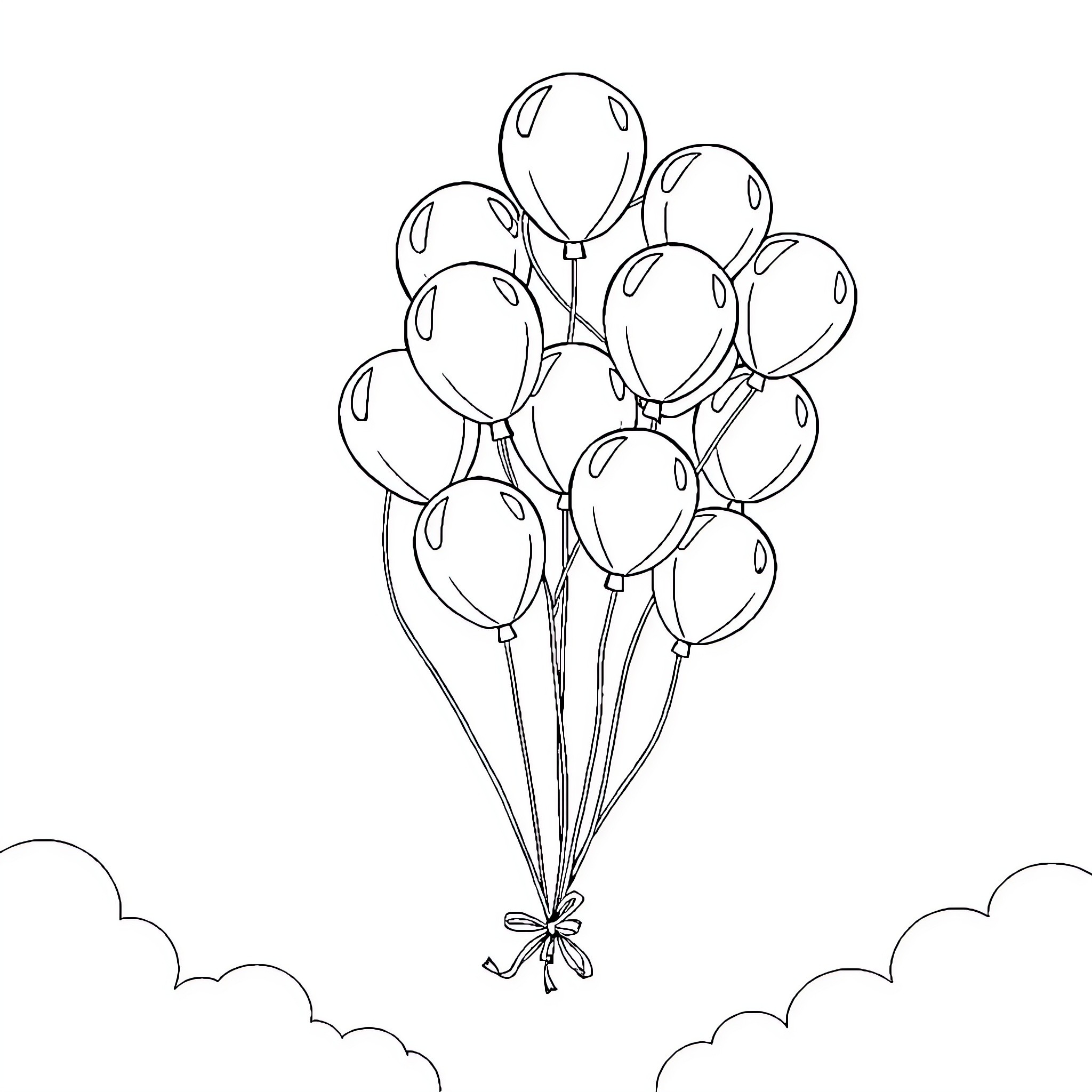 Balloon bouquet floating in the sky Coloring Page (free black-and-white line drawing printable PDF for all, from beginners to advanced learners, including children, teens, adults, and seniors)