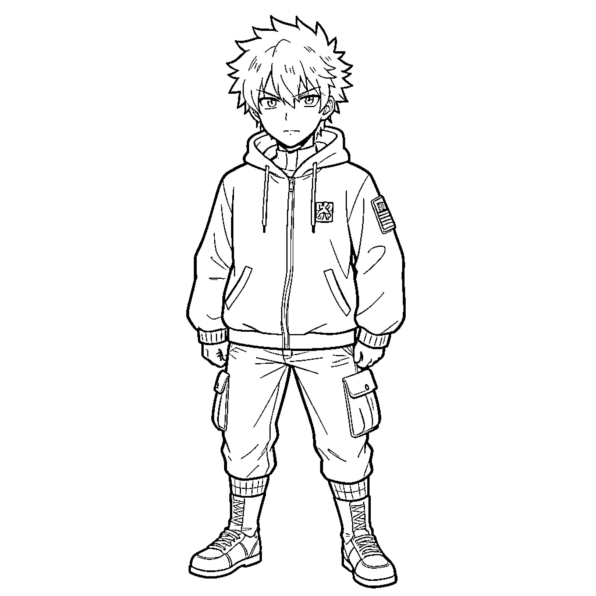 Itadori Yuji standing with a serious expression Coloring Page (free black-and-white line drawing printable PDF for all, from beginners to advanced learners, including children, teens, adults, and seniors)