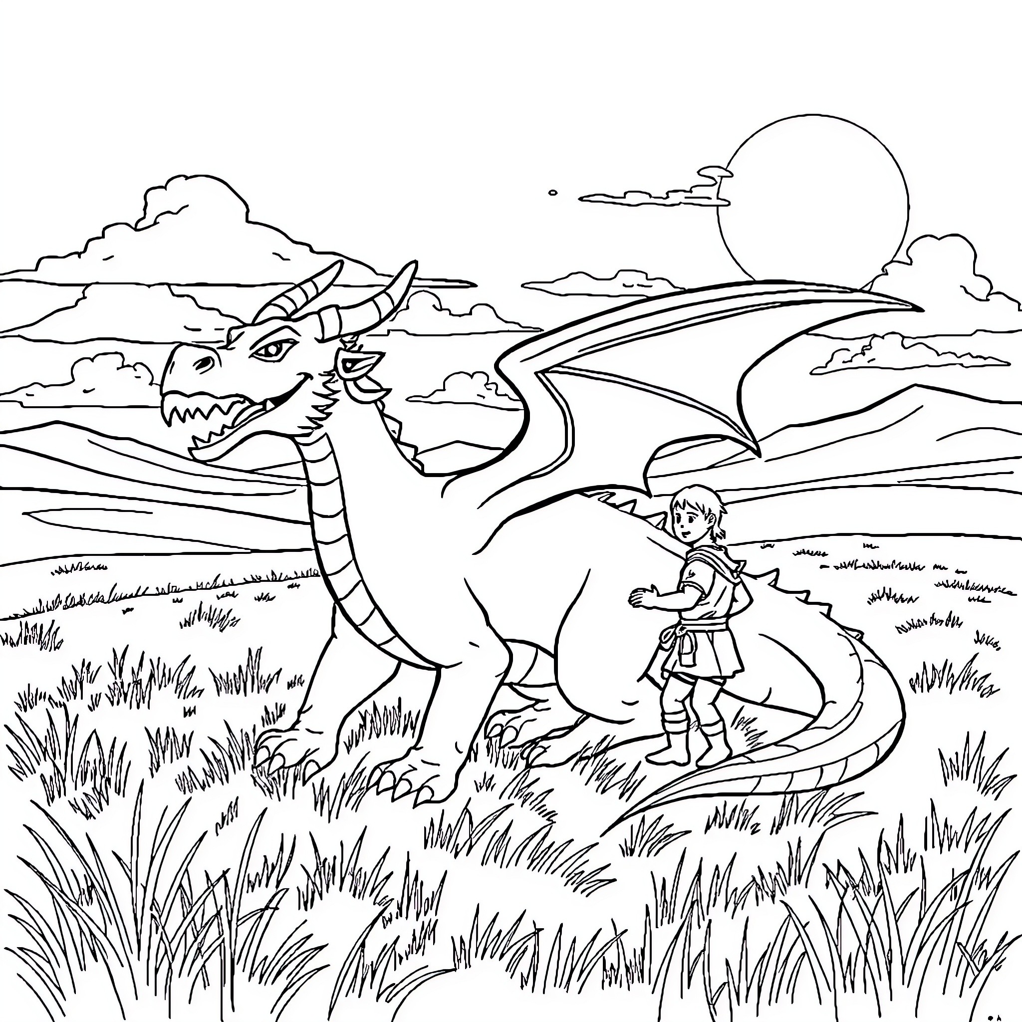 Dragon and adventurer exploring the mythical landscape Coloring Page (free black-and-white line drawing printable PDF for all, from beginners to advanced learners, including children, teens, adults, and seniors)