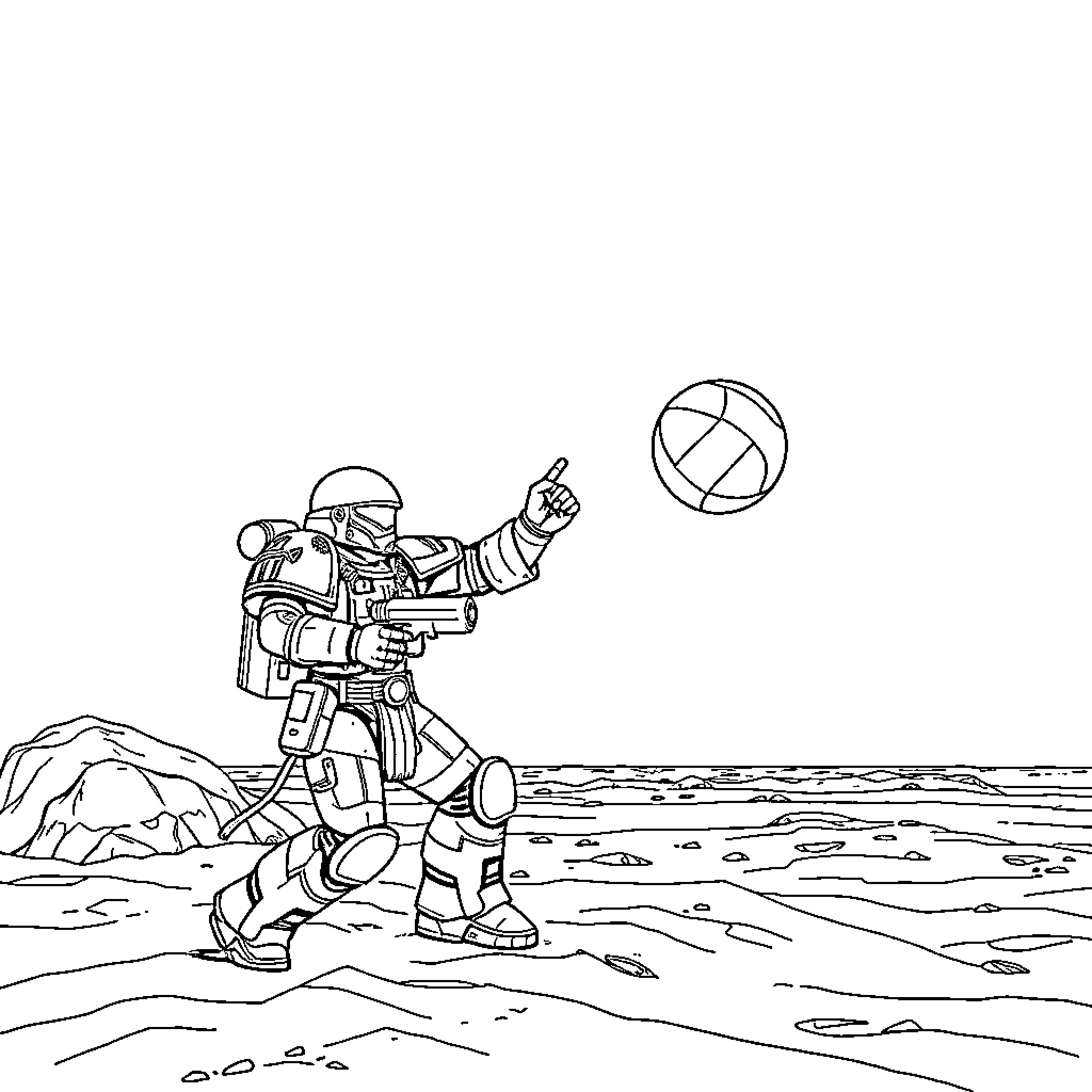 Space Marine on Reconnaissance Mission in Alien Landscape Coloring Page (free black-and-white line drawing printable PDF for all, from beginners to advanced learners, including children, teens, adults, and seniors)
