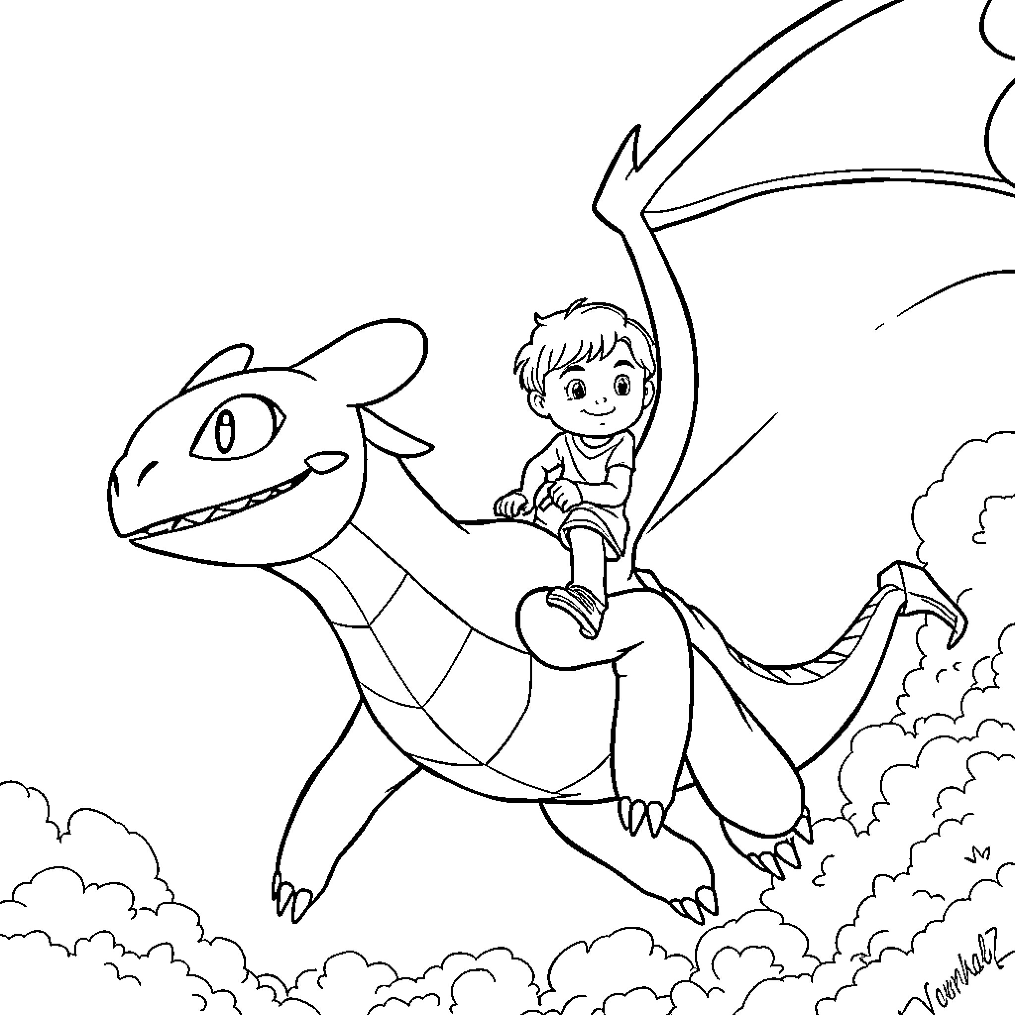 Toothless dragon carrying a boy through the sky Coloring Page (free black-and-white line drawing printable PDF for all, from beginners to advanced learners, including children, teens, adults, and seniors)
