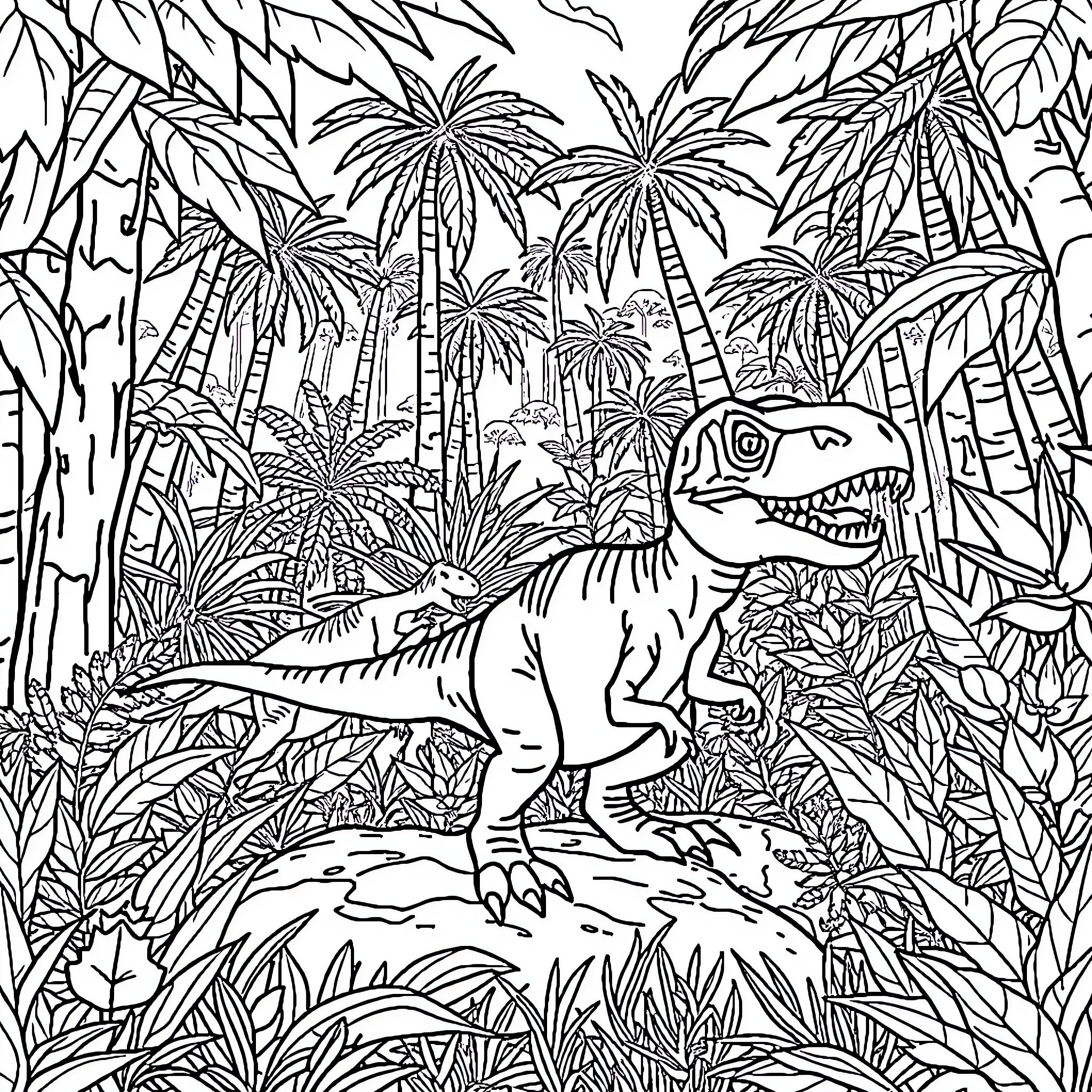 T-Rex Roaming the Jungle Wilderness Coloring Page (free black-and-white line drawing printable PDF for all, from beginners to advanced learners, including children, teens, adults, and seniors)